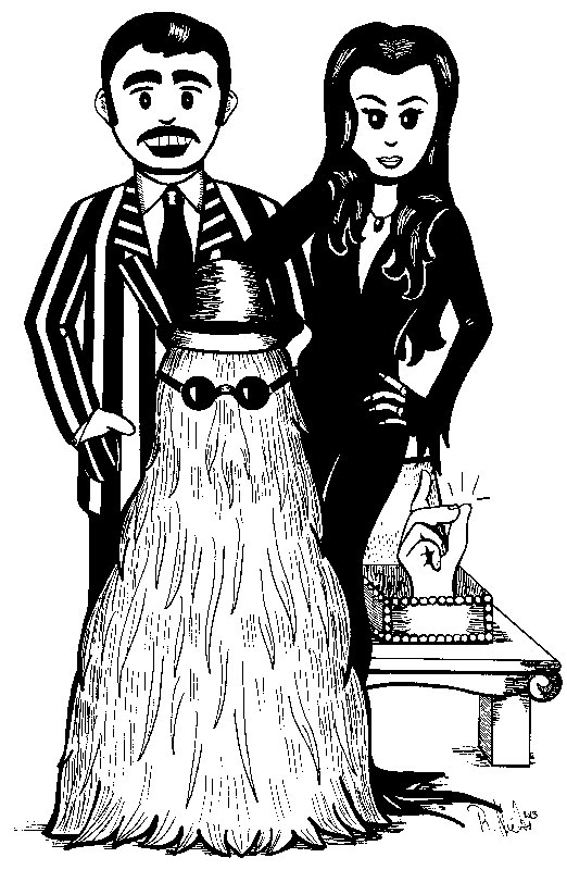 Drawing by Rebecca Hicks of Gomez and Morticia Addams, Cousin It, and Thing
