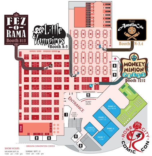 Rose City Comic Con 2014 exhibitor floor map with the Little Vampires table highlighted