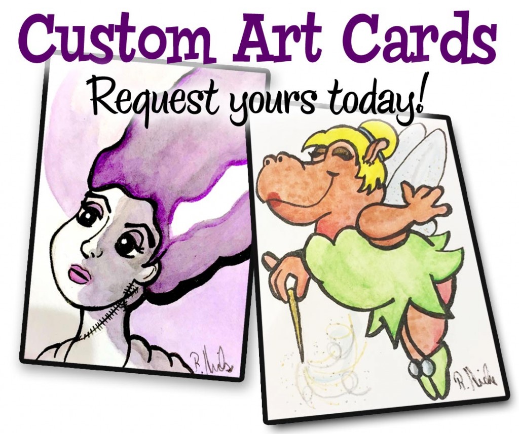 Drawing of the Bride of Frankenstein next to a drawing of a hippo cosplaying Tinkerbell under the headline “Custom Art Cards — Request yours today!