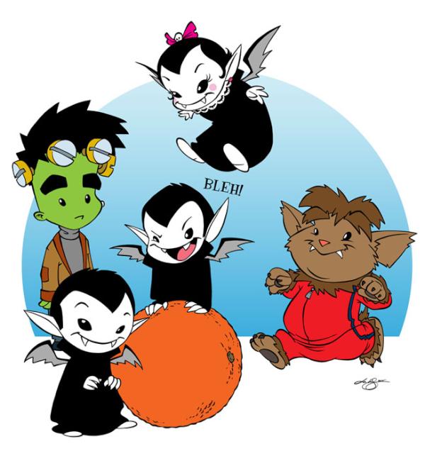 A drawing by Lar DeSouza of two Little Vampires, a Little Vampire girl, Frank, and Wolfie with a blood orange