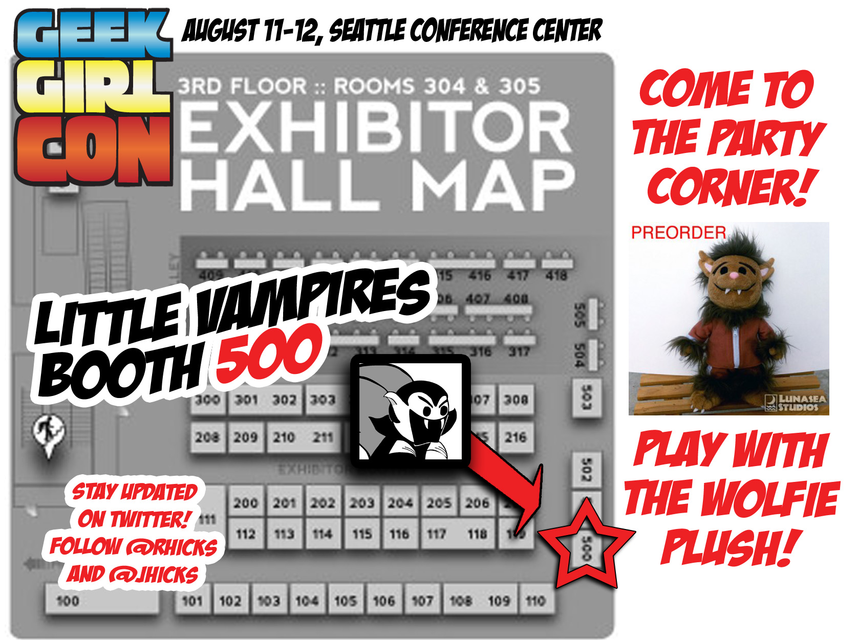 GeekGirlCon 2012 exhibitor floor map with the Little Vampires booth highlighted