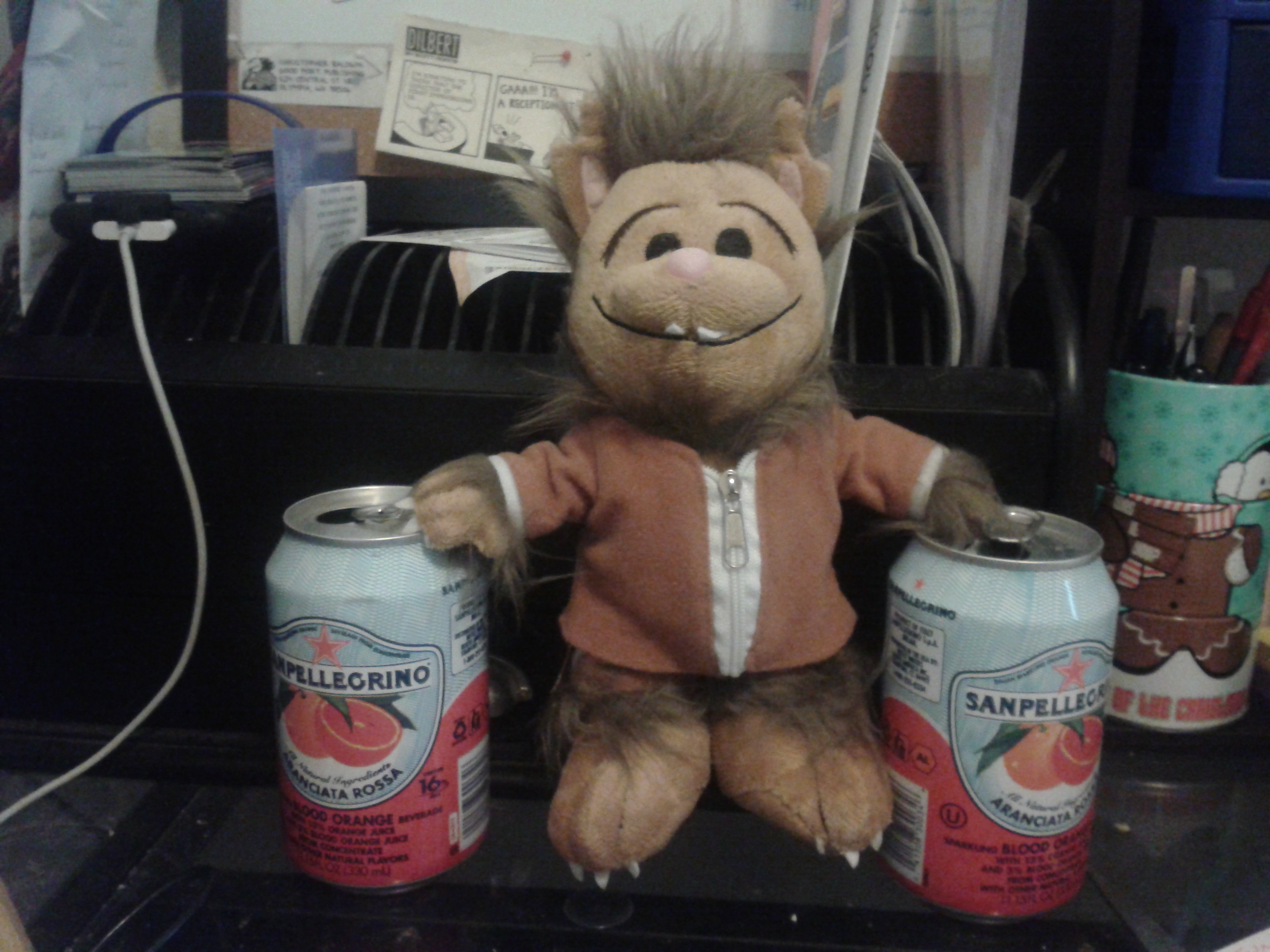 Photo by Laura Darkstar of a Wolfie plush toy posing with two cans of blood orange-flavored sparkling water