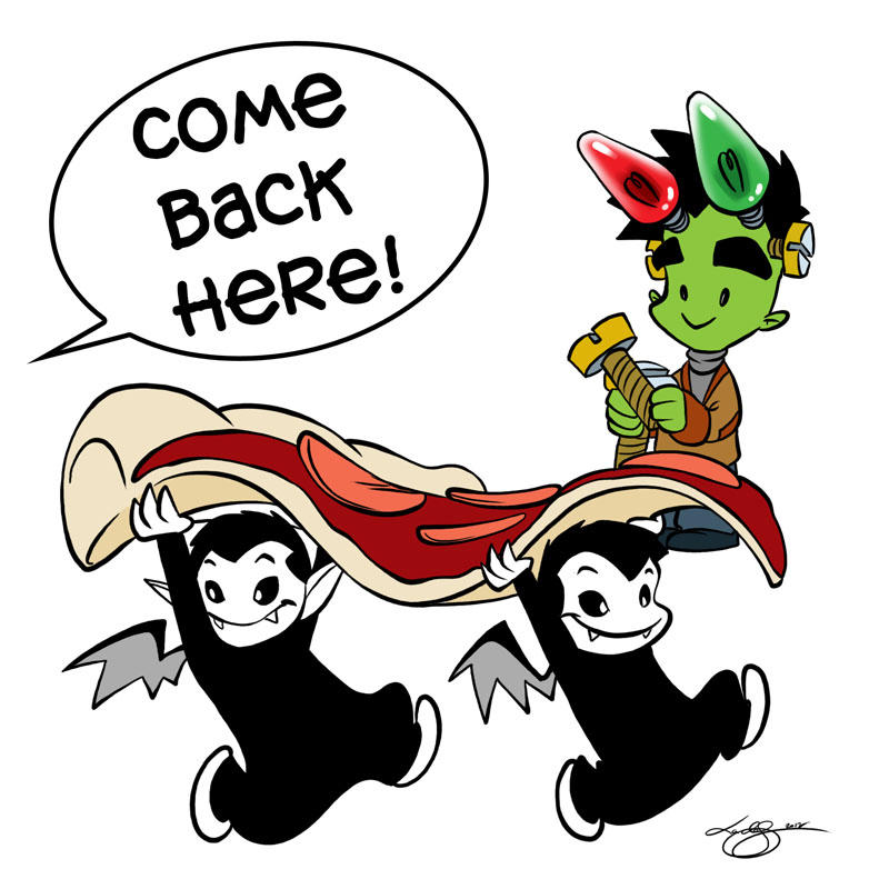 Two Little Vampires run away with a slice of pizza while Frank looks on and a voice from off-panel yells “Come back here!” Art by Lar deSouza
