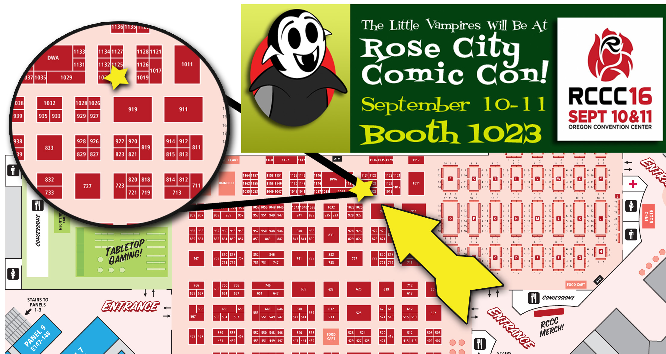 Rose City Comic Con 2016 exhibitor floor map with the Little Vampires booth highlighted