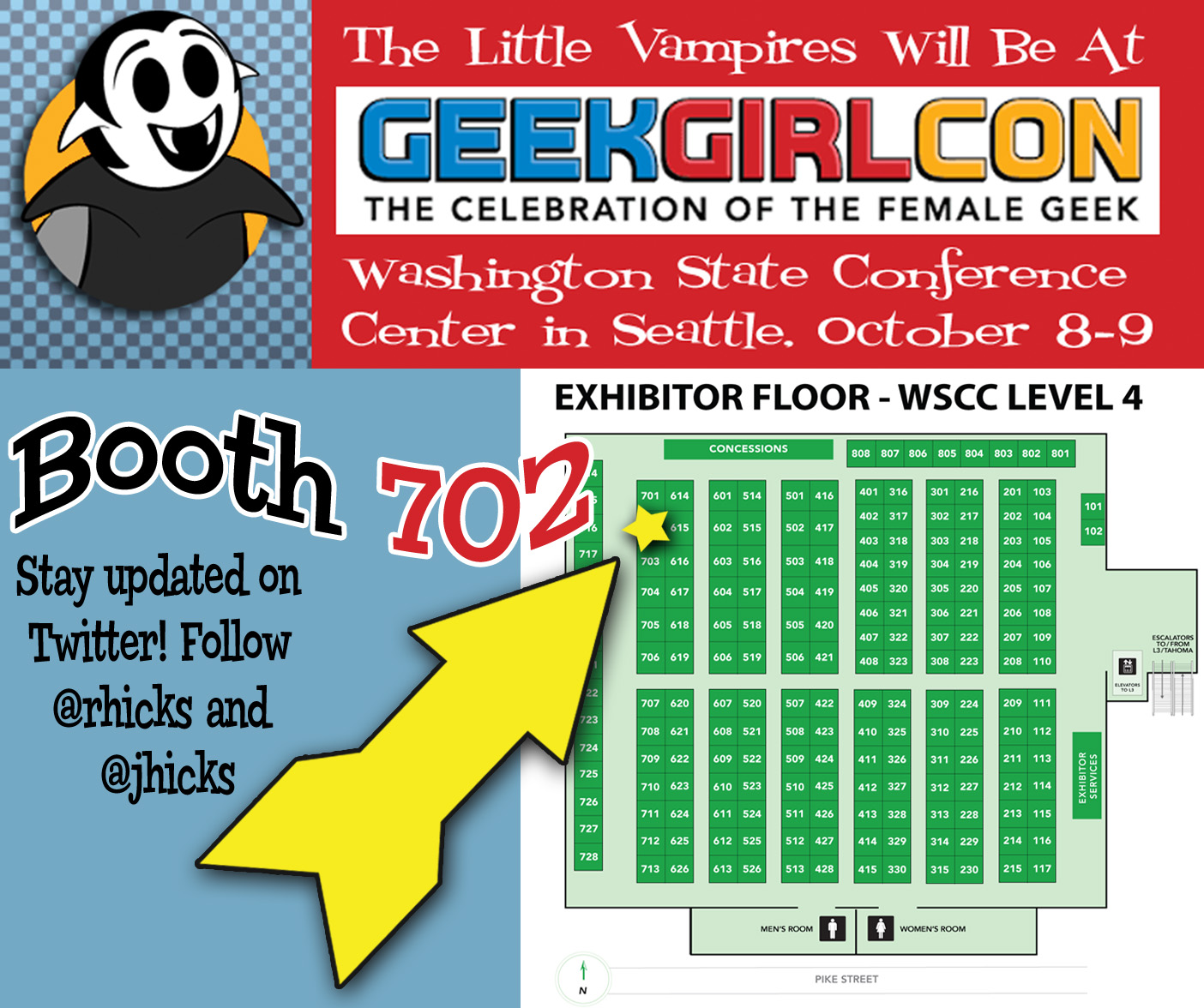 Geek Girl Con 2016 exhibitor floor map with the Little Vampires booth highlighted