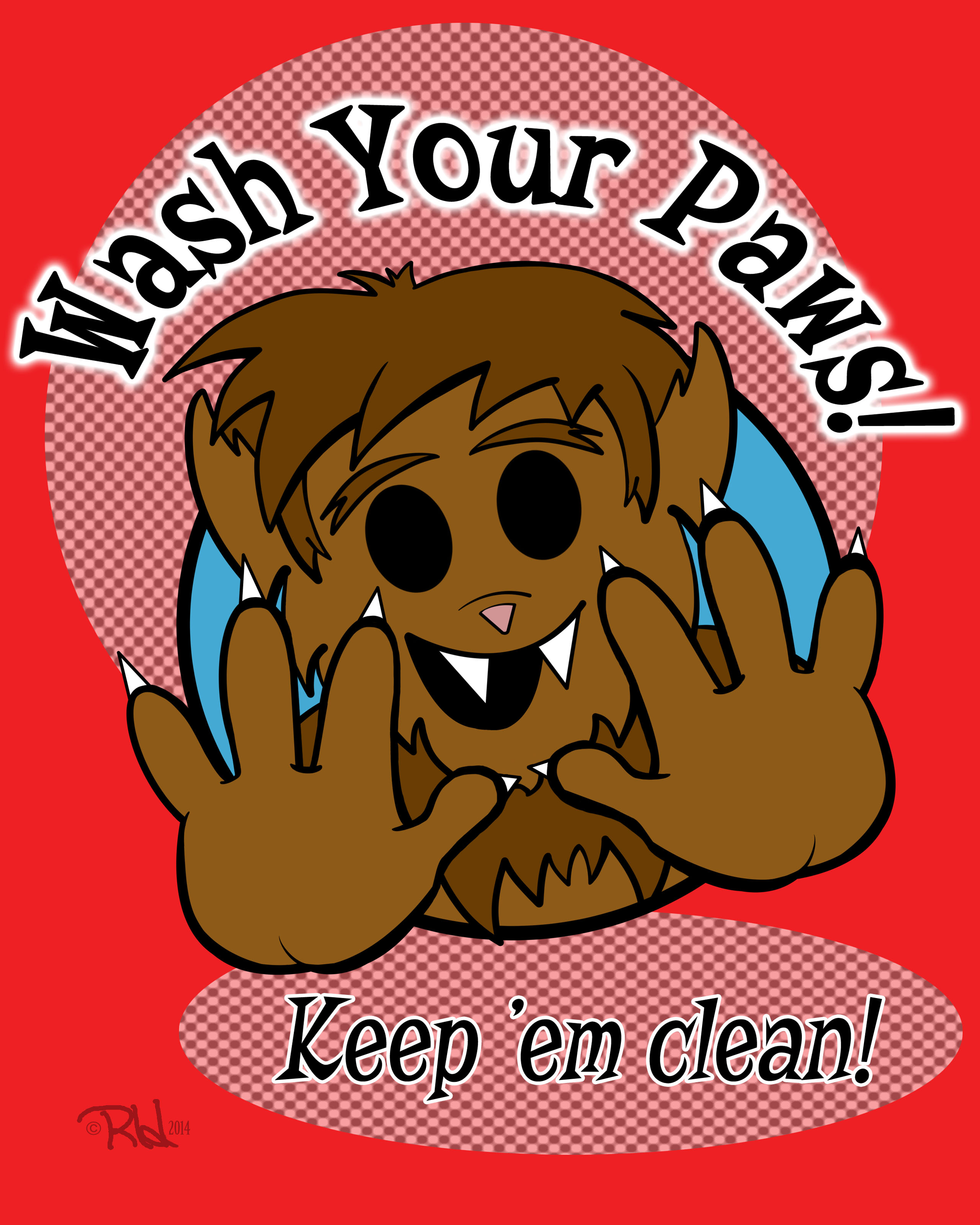 Wolfie proudly displays his clean paws. The caption reads “Wash your paws! Keep ‘em clean!