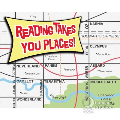 Road map drawing with several towns and points of interest named for fictional places, captioned “Reading takes you places!