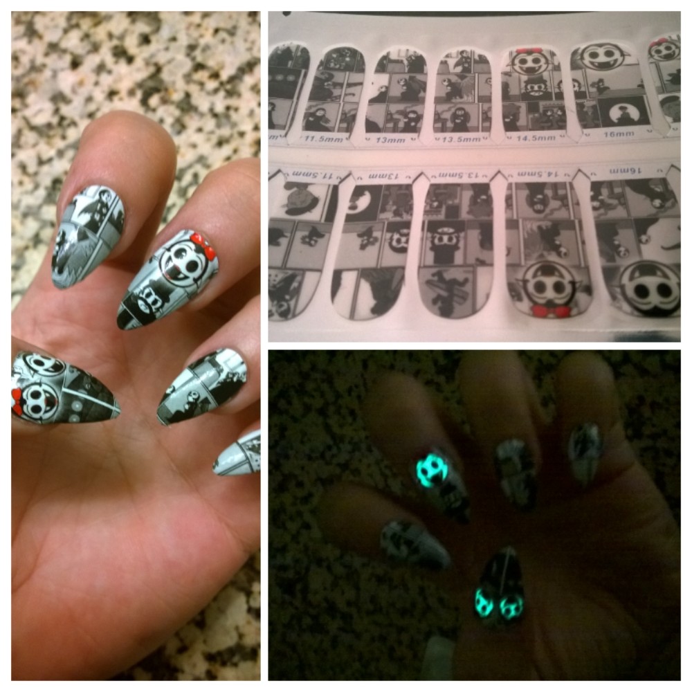 Photos of prototype glow-in-the-dark Little Vampires nail wraps
