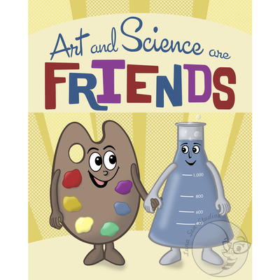 Art print of a paint palette and a conical flask holding hands below the title “Art and Science are Friends”