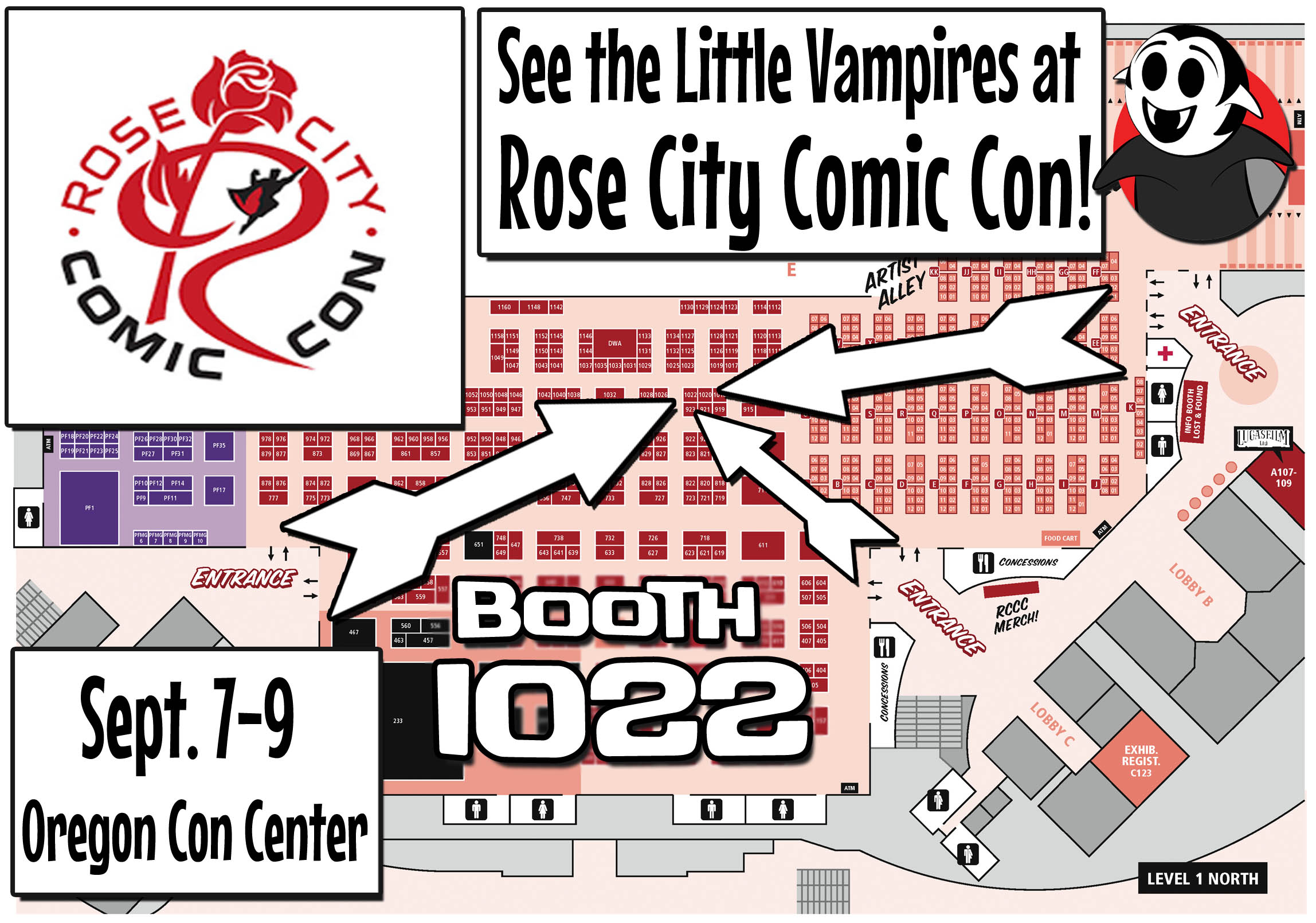Rose City Comic Con 2018 exhibitor floor map with the Little Vampires booth highlighted