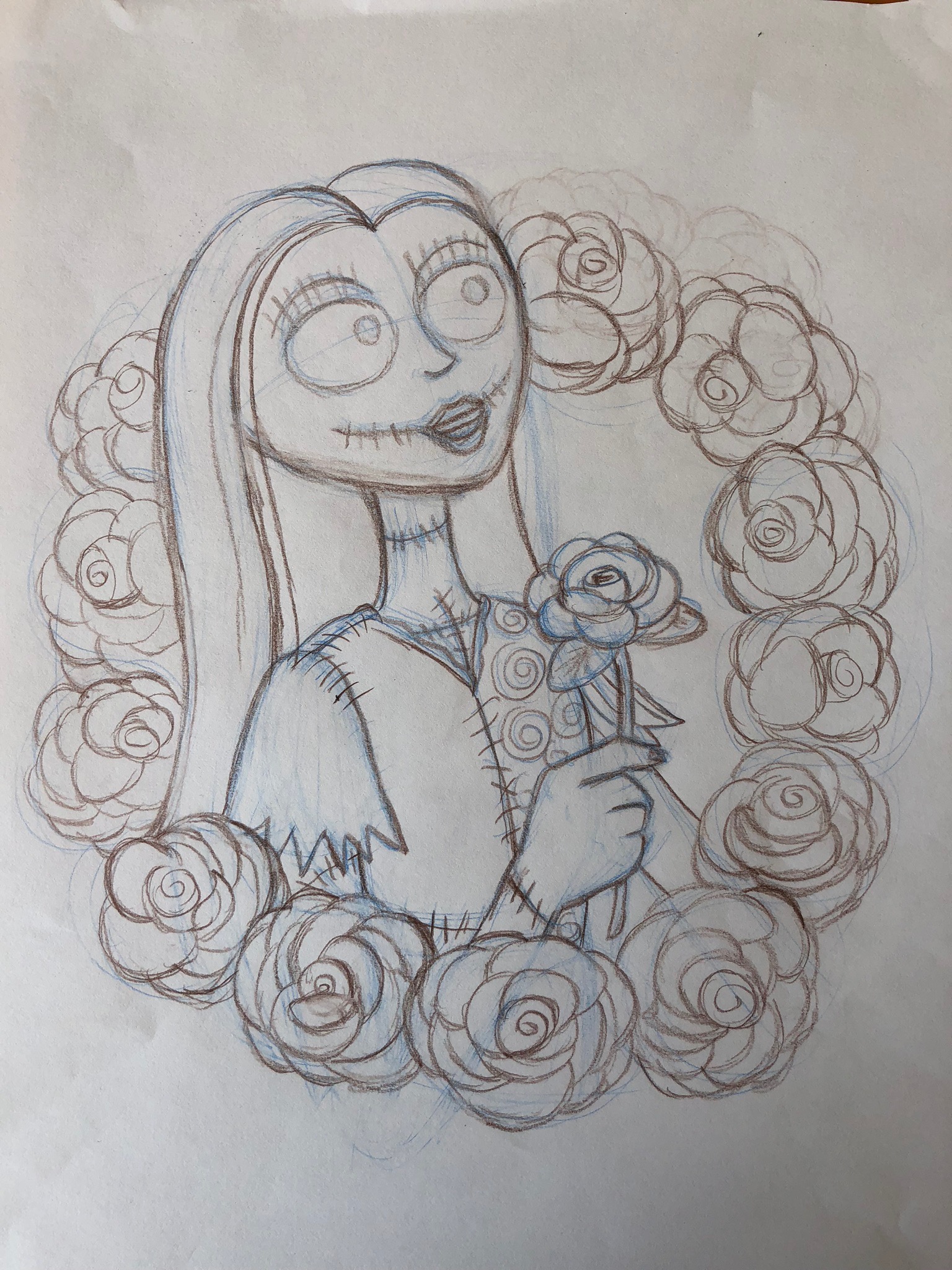 Sketch of Sally from The Nightmare Before Christmas wreathed with roses