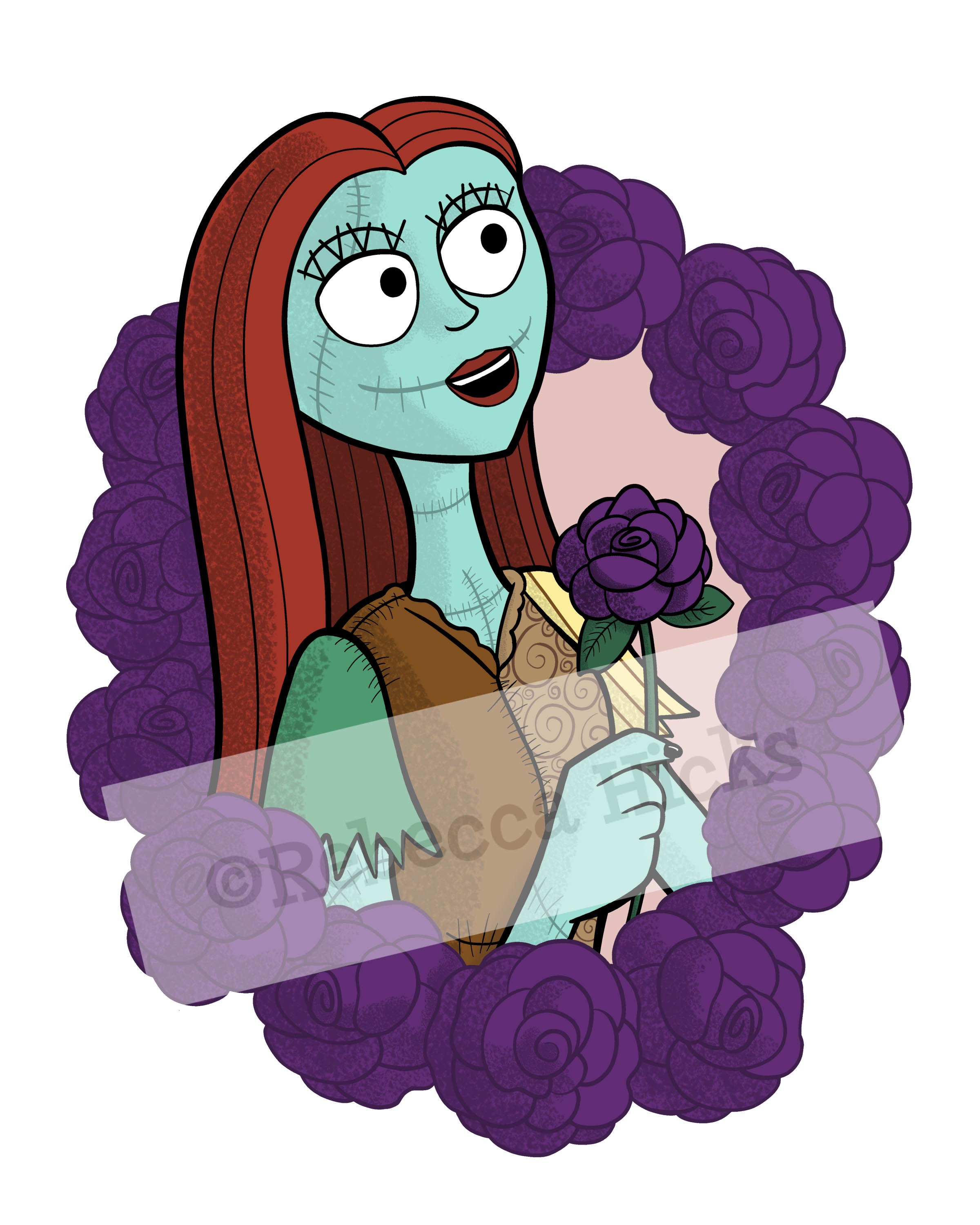 Art print of Sally from The Nightmare Before Christmas wreathed by roses