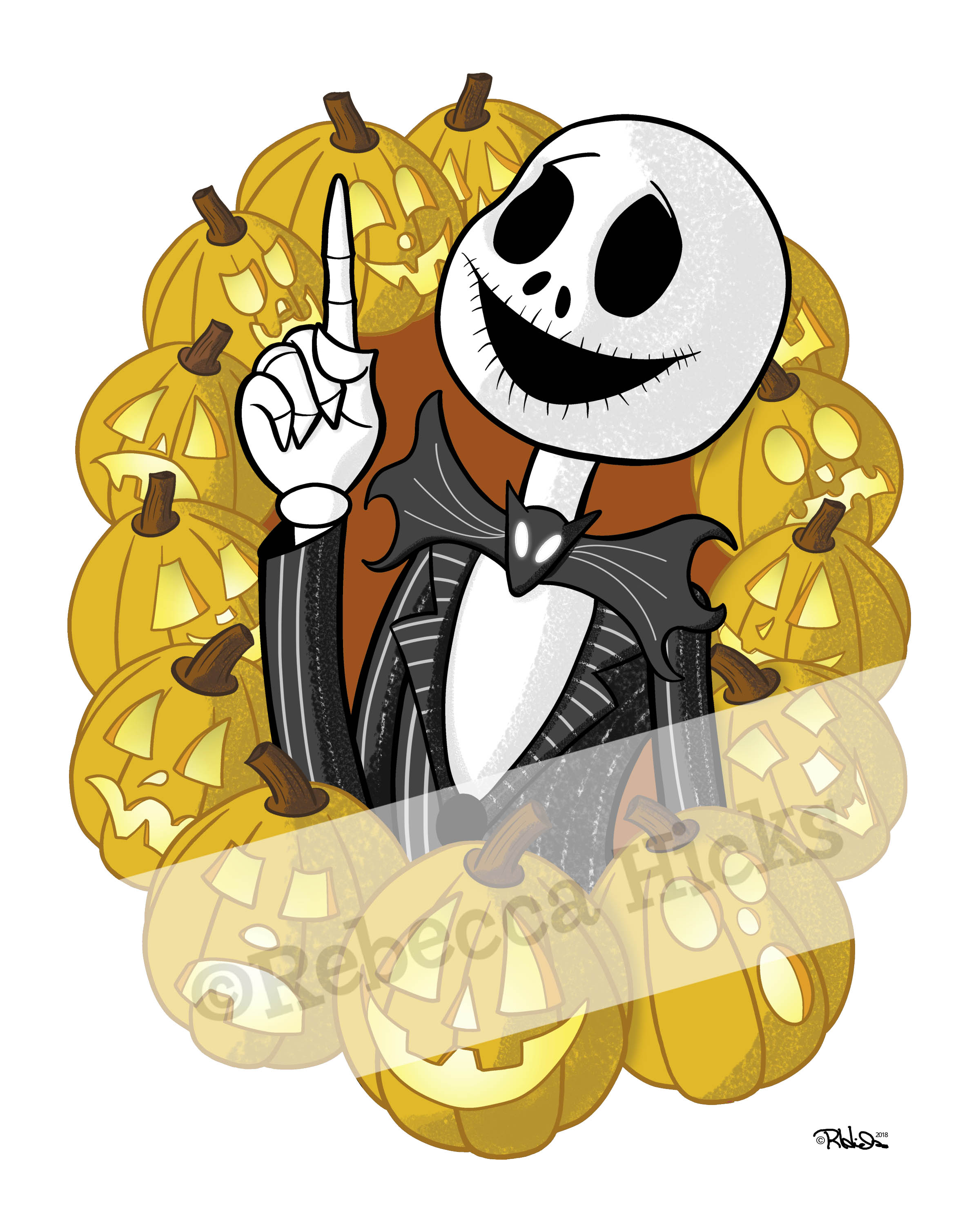 Art print of Jack Skellington wreathed by Jack o' Lanterns