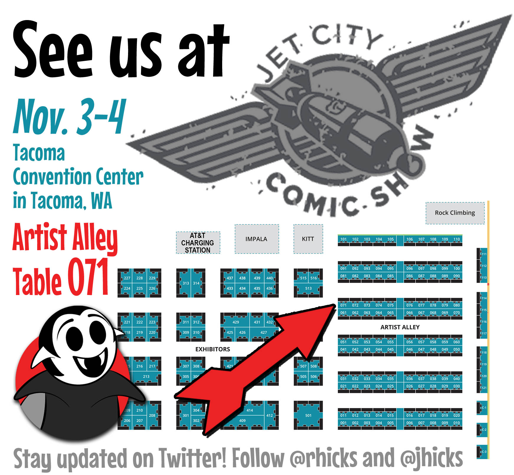 Jet City Comic Show 2018 exhibitor floor map with the Little Vampires booth highlighted