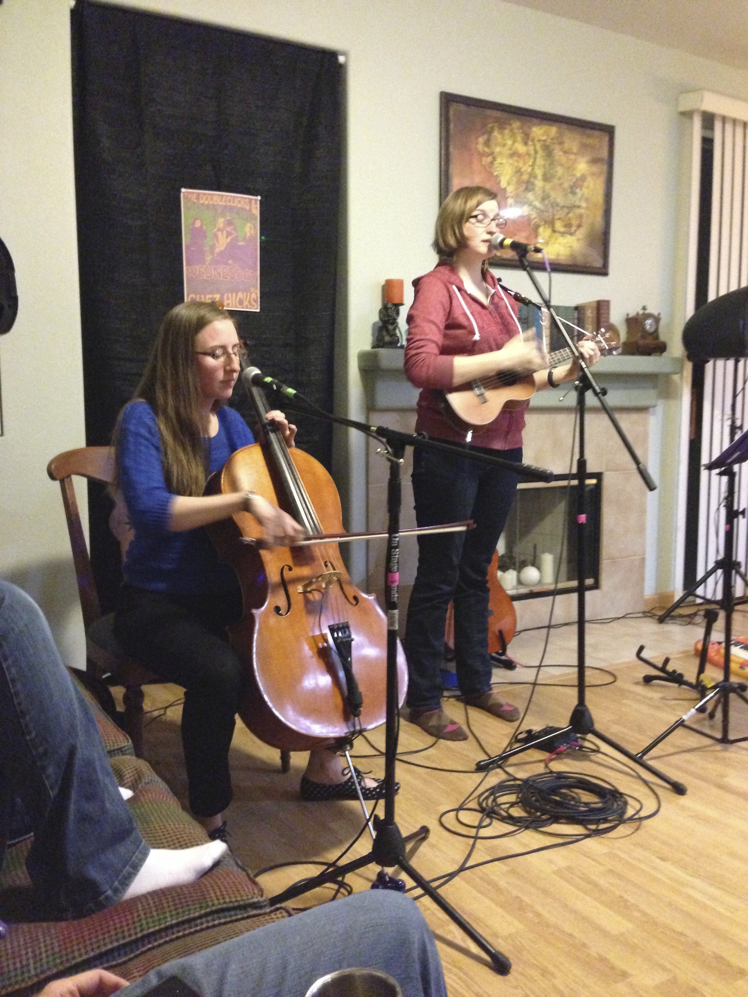 Photo of the Doubleclicks performing in our living room in San Diego