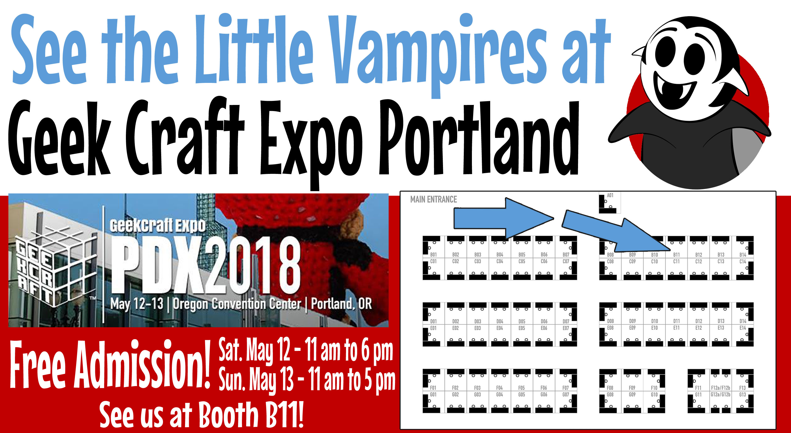 Geek Craft Expo PDX 2018 exhibitor floor map with the Little Vampires booth highlighted