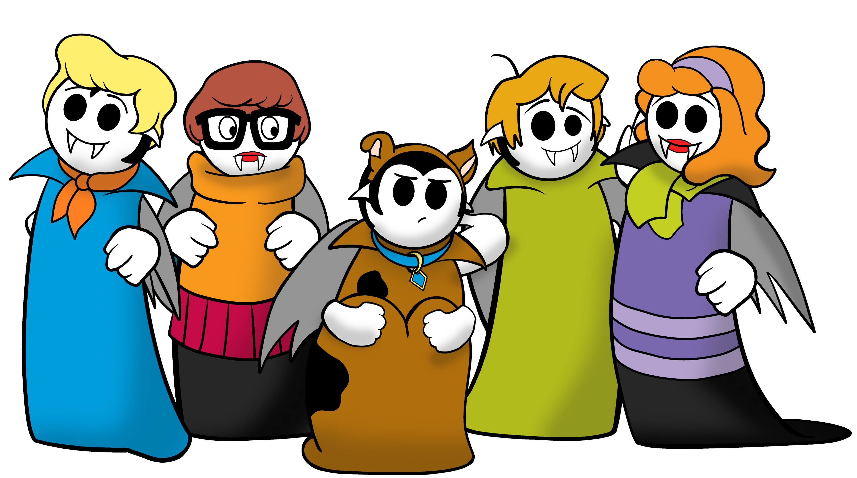 Illustration of several Little Vampires cosplaying as the Scooby Doo gang