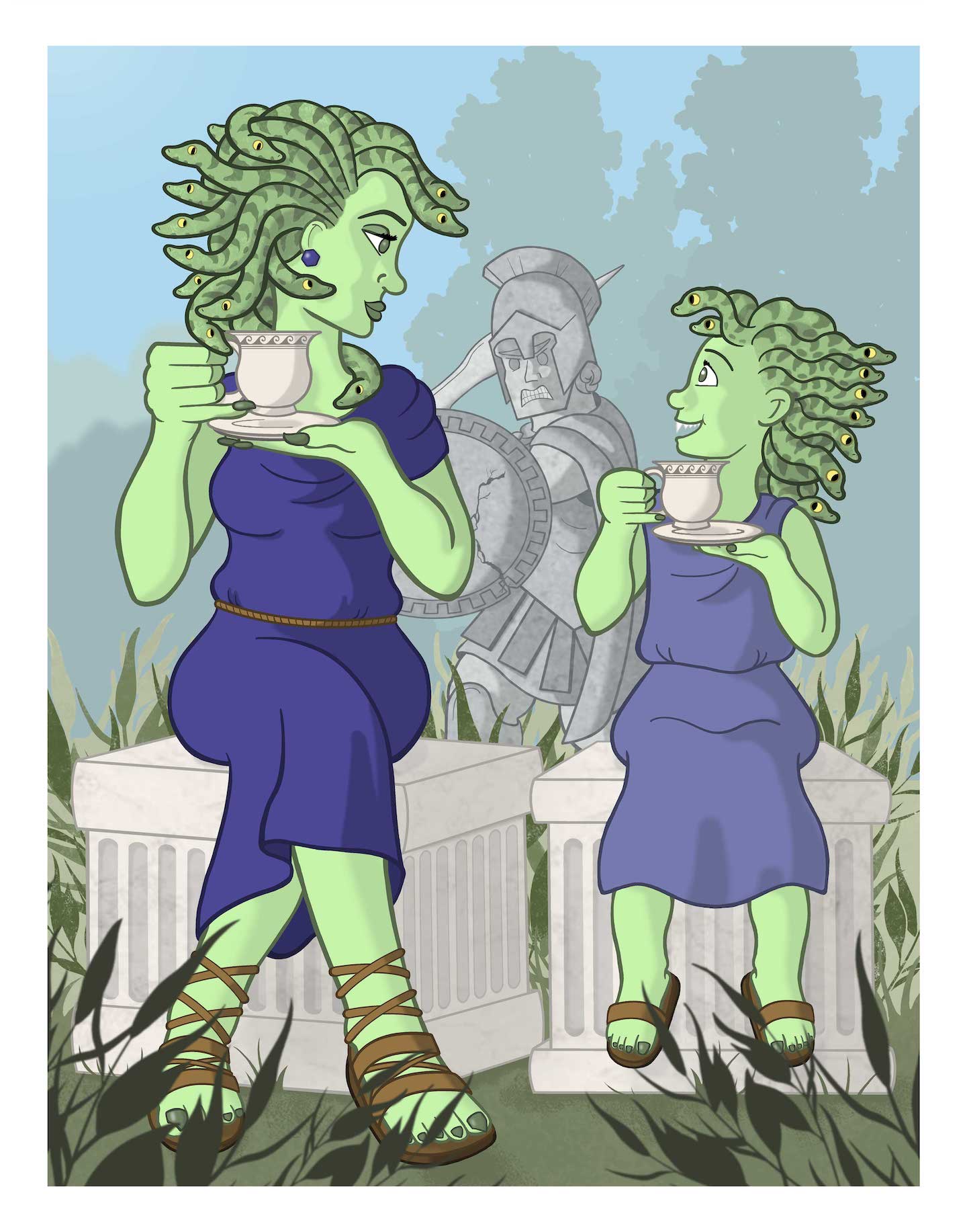 Illustration of Medusa enjoying a cup of tea with her young daughter while a stone warrior makes an ineffective angry pose in the background