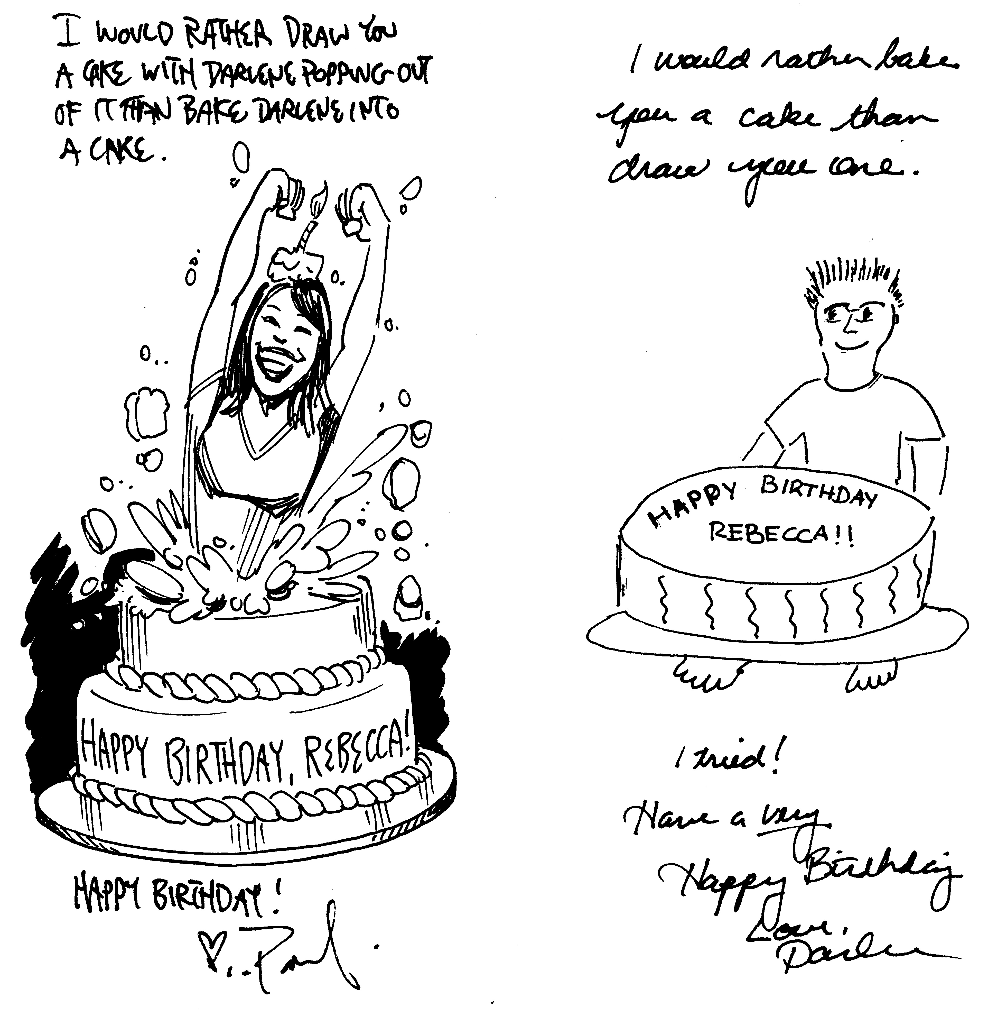 Illustrations of Darlene and Paul bearing birthday cakes, by Paul and Darlene Horn, respectively