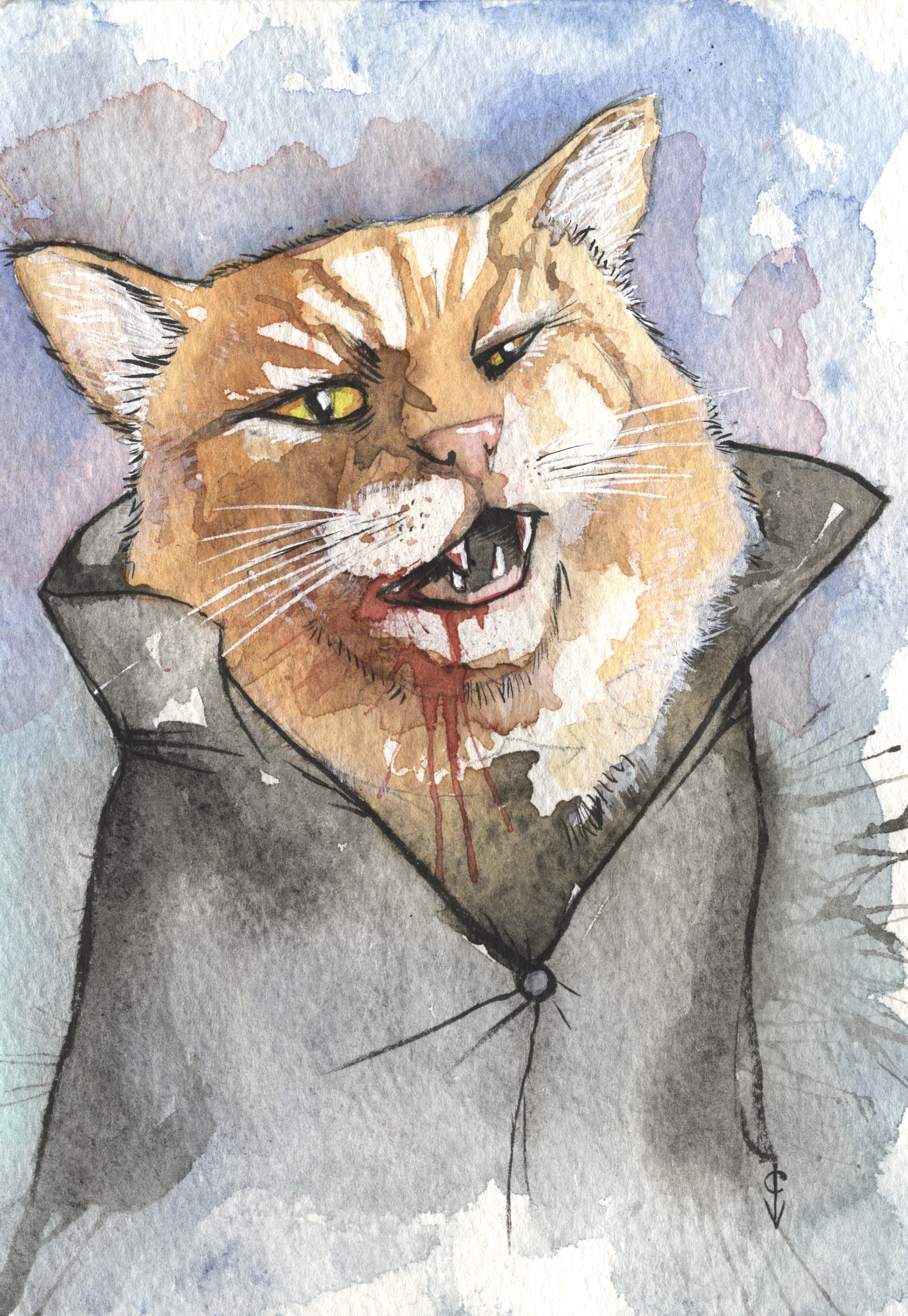 Watercolor art by Cody Vrosh of an orange tabby vampire cat waering a high-collared black cape