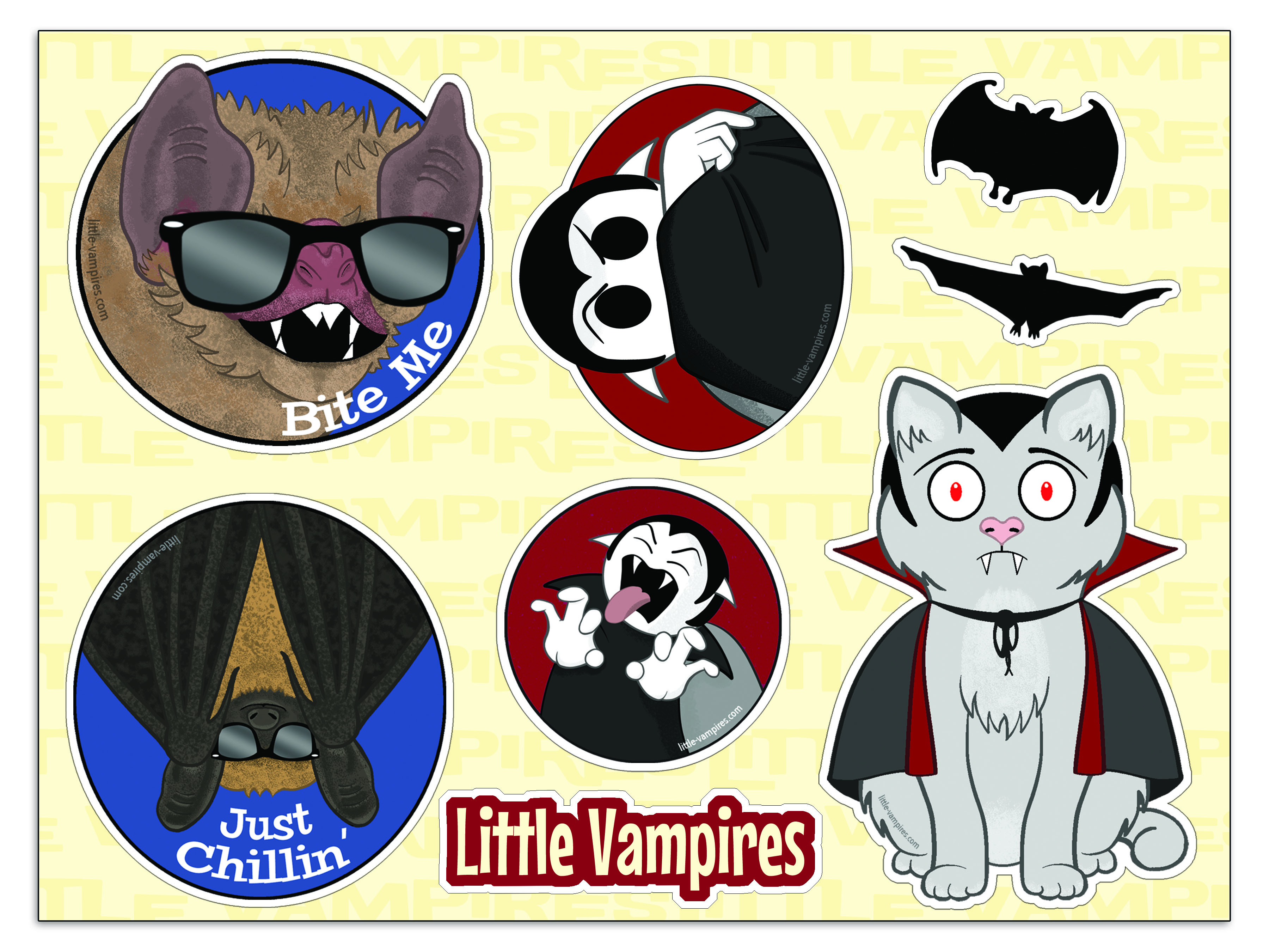 Image of a Little Vampires Kickstarter sticker sheet. Stickers include a vampire bat wearing sunglasses captioned “Bite Me,” a bat hanging upside down captioned “Just Chillin',” a Little Vampire doing the creepy vampire thing with his cape over his lower face, a Little Vampire making a scary bleh-face, two bats, and a vampire kitten