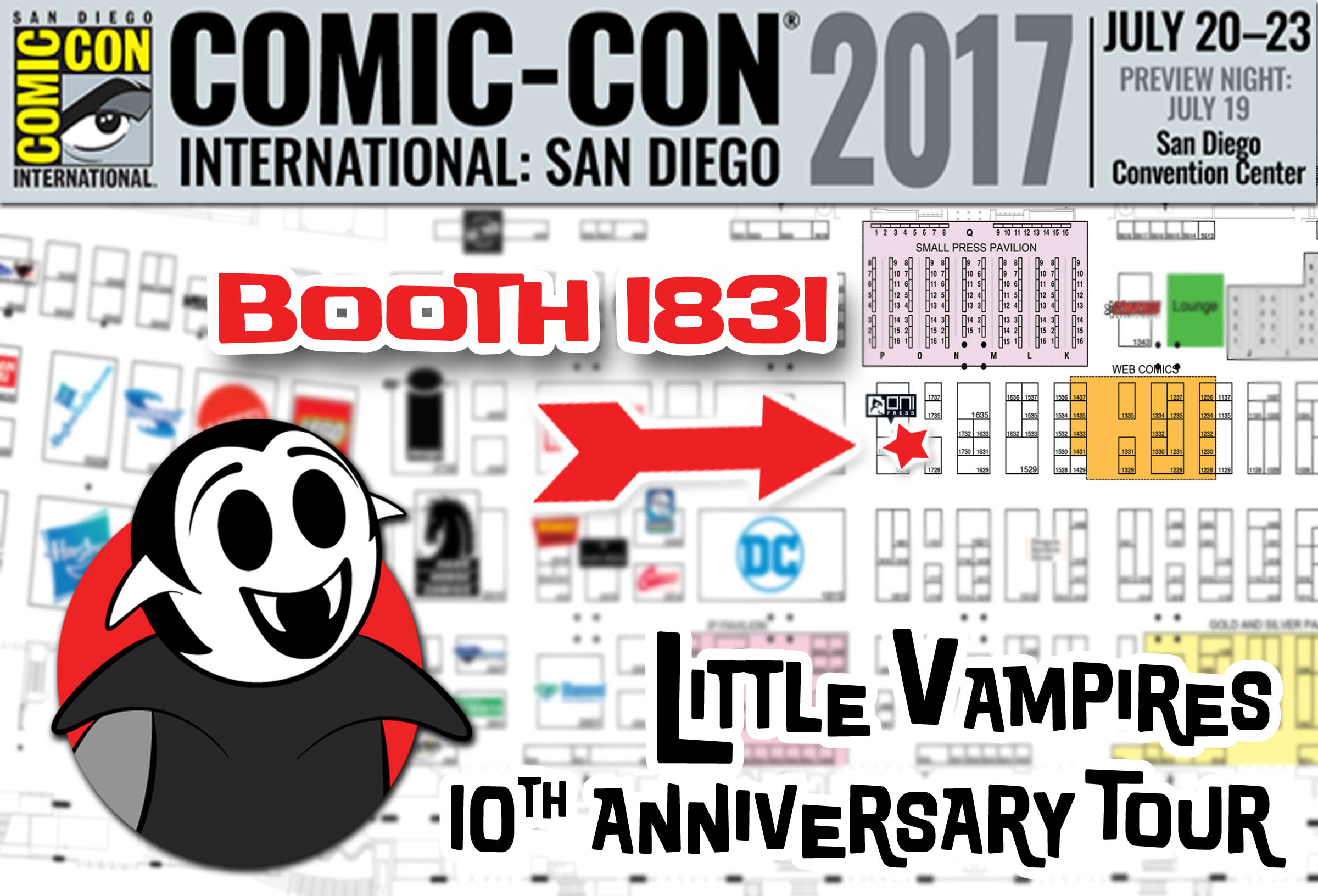 San Diego Comic-Con 2017 exhibitor floor map with the Little Vampires booth highlighted