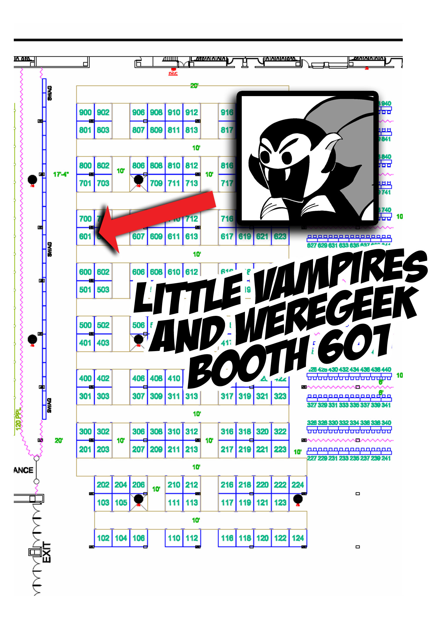 Map of Phoenix Comicon 2011 exhibitor floor with the Little Vampires booth highlighted