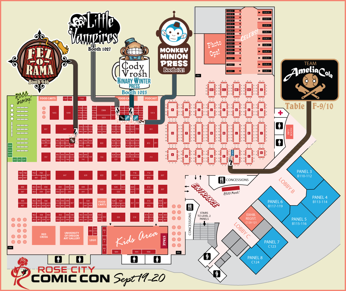 Rose City Comic Con 2015 exhibitor floor map with the Little Vampires booth highlighted