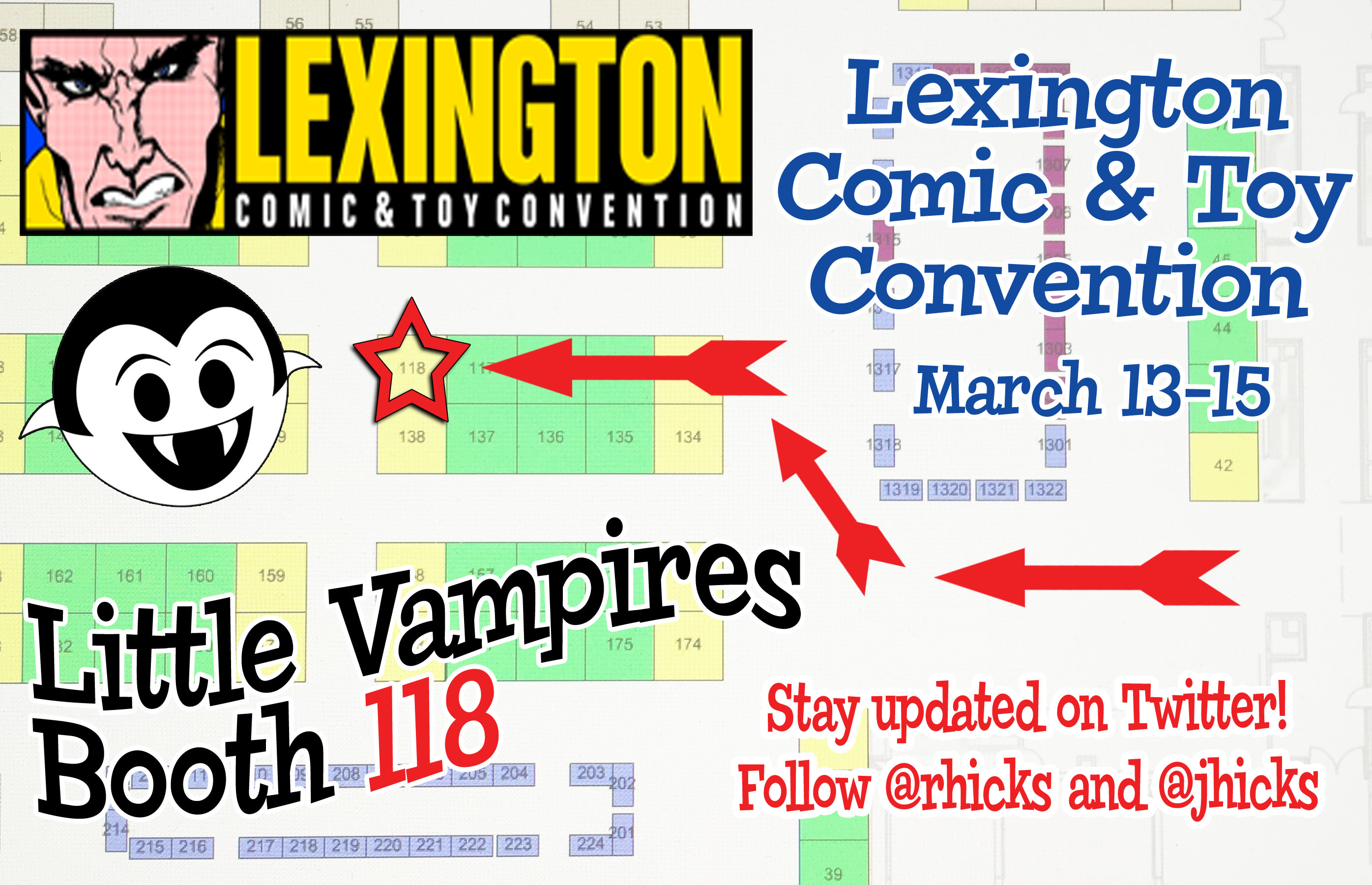 Lexington Comic and Toy Convention 2015 exhibitor floor map with the Little Vampires booth highlighted