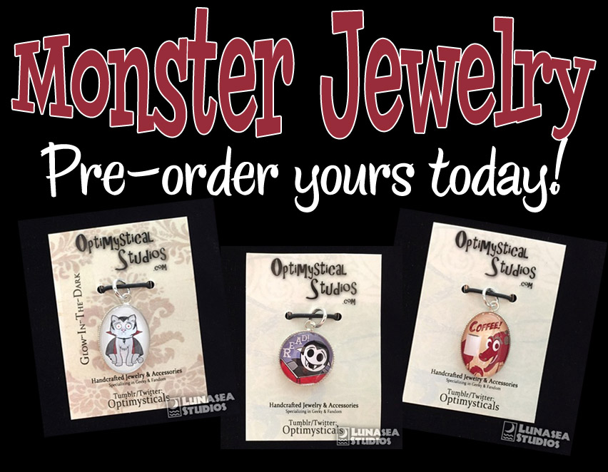 Photo of Vampire Kitten, Little Vapire reading, and dragon coffee pendants, with the headline “Monster Jewlery — Pre-order yours today!