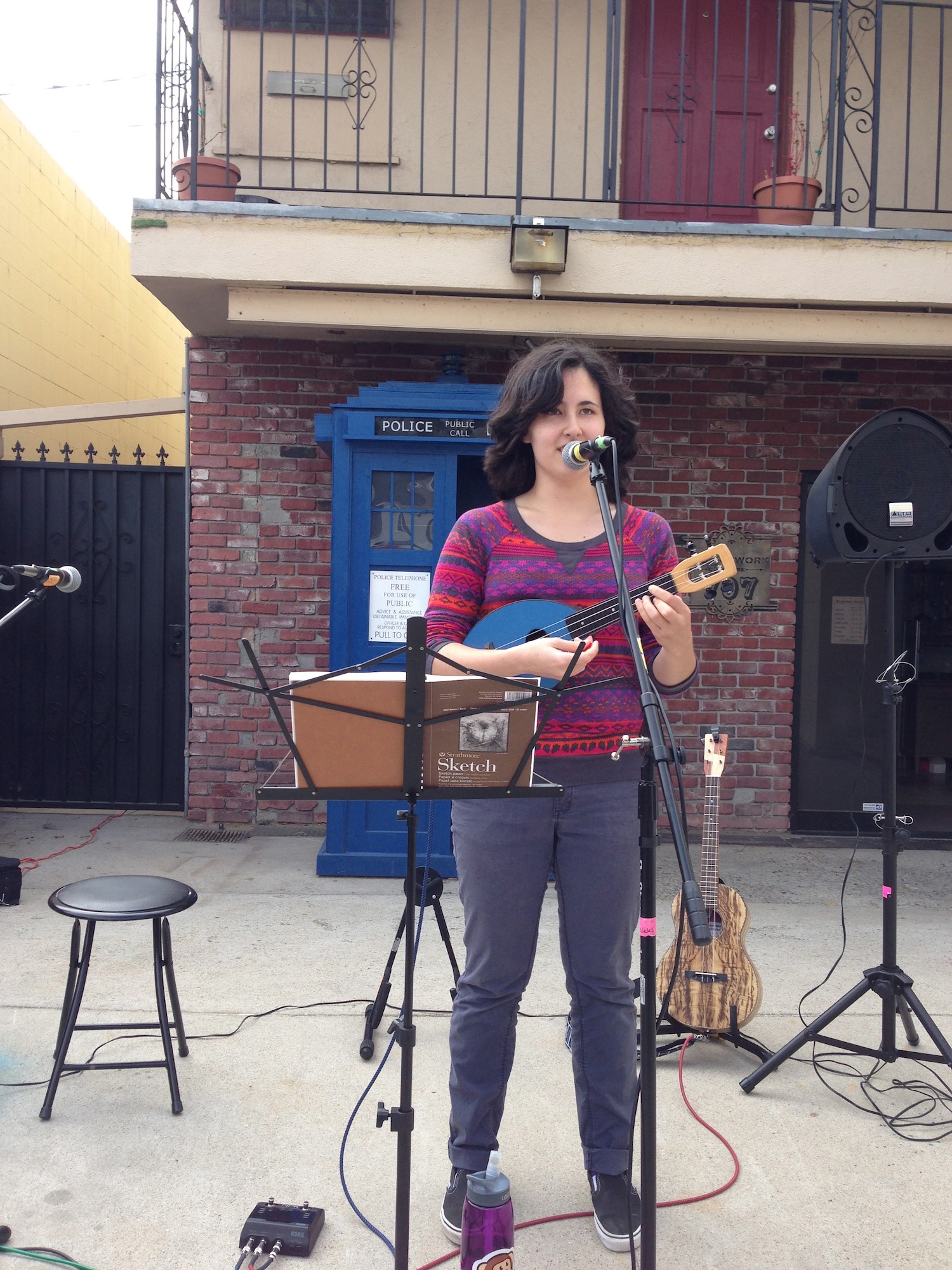 Photo of Molly Lewis performing outdoors in front of a TARDIS