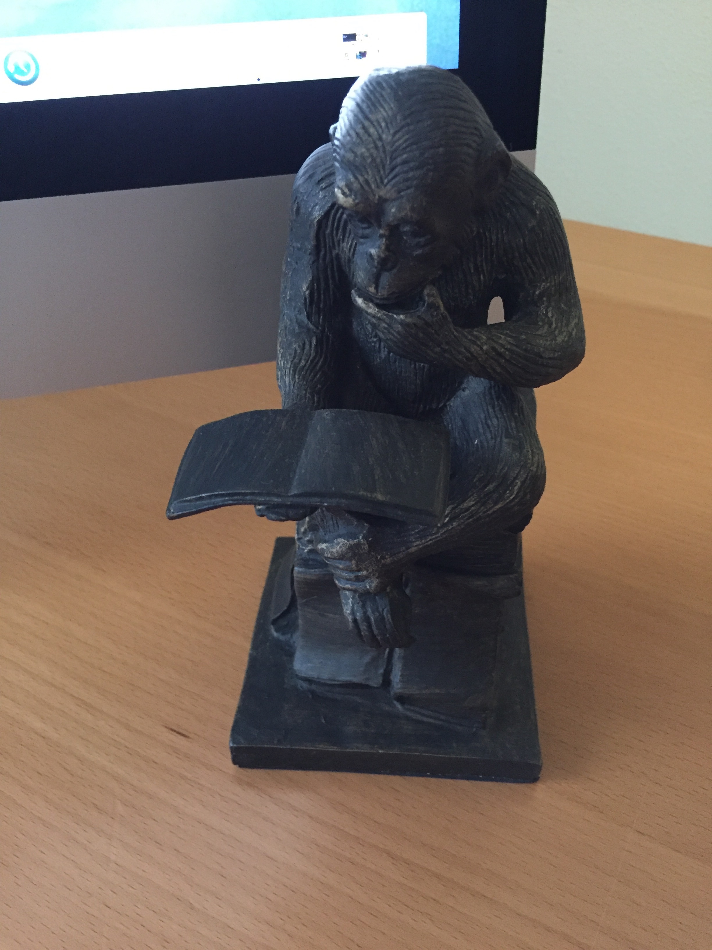 Photograph of a bronze bookend of a thoughtful monkey reading a book