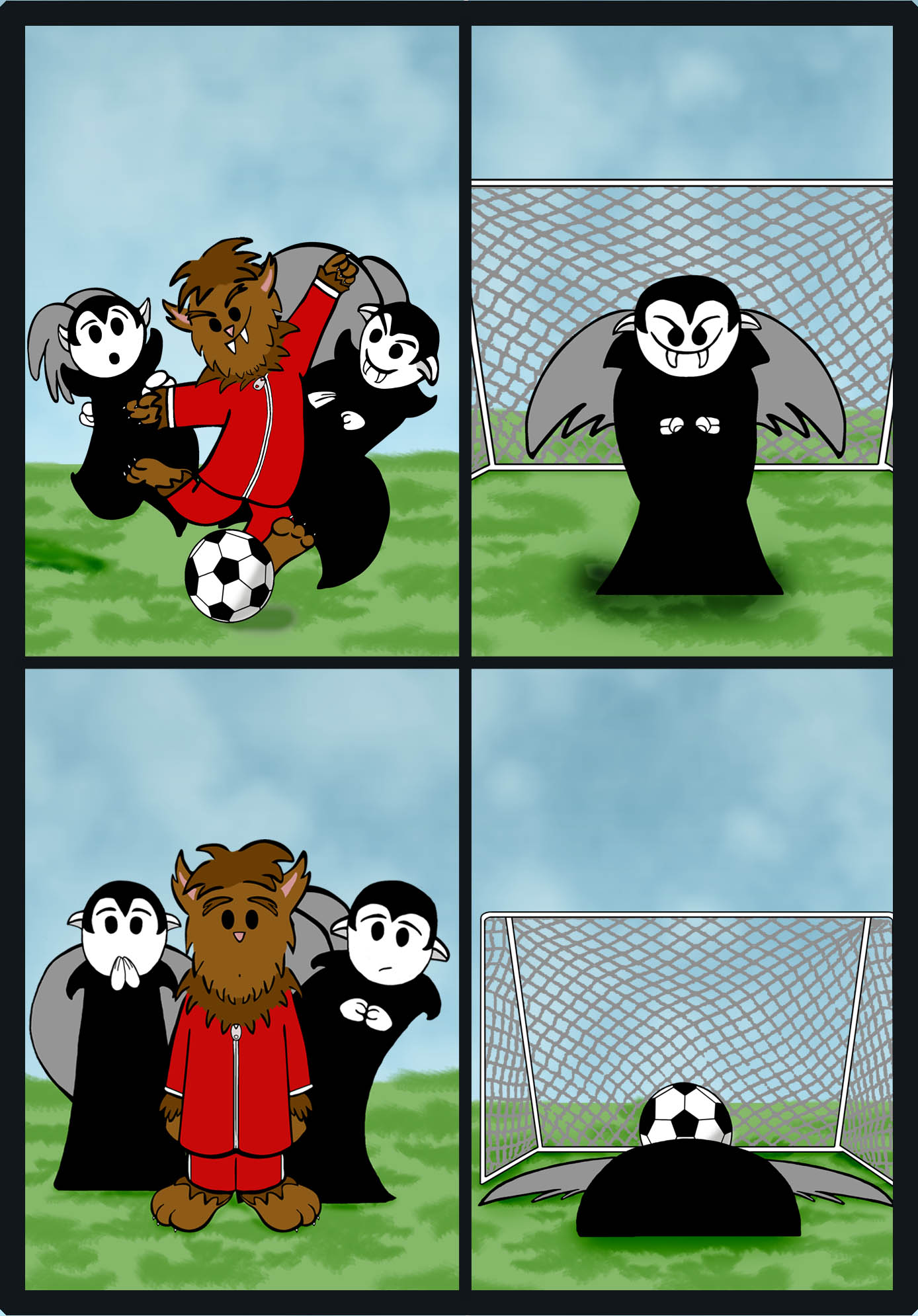 Panel 1: Wolfie drives a soccer ball toward the viewer with two Little Vamires in pursuit. Panel 2: A Little Vampire makes ready to defent the goal. Panel 3: Wolfie and two Little Vampires stand in stunned silence. Panel 4: The Little Vampire goalkeeper lies flattened on the ground while the soccer ball rests in the goal.