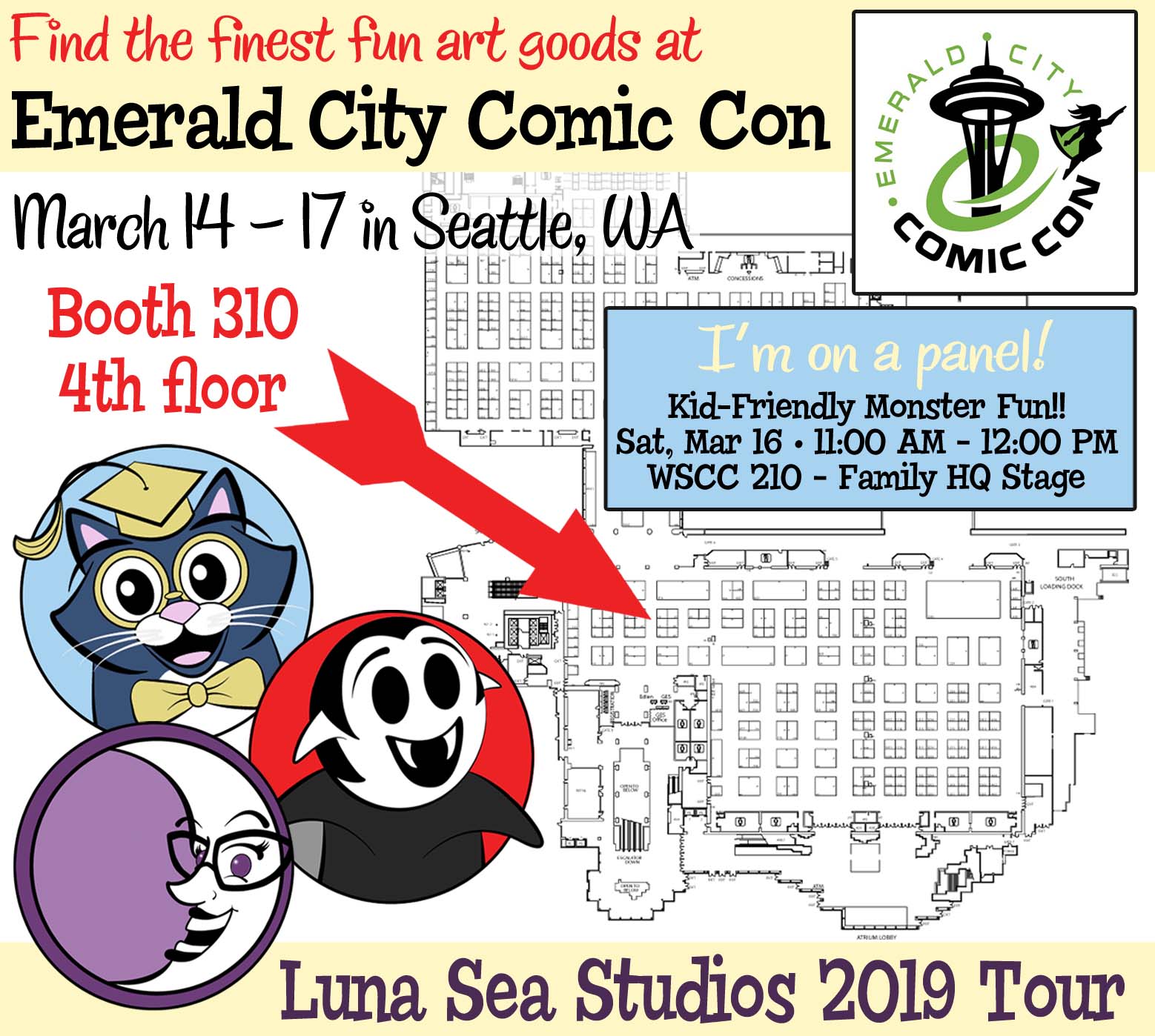 Emerald City Comic Con 2019 exhibitor floor map with the Little Vampires booth highlighted