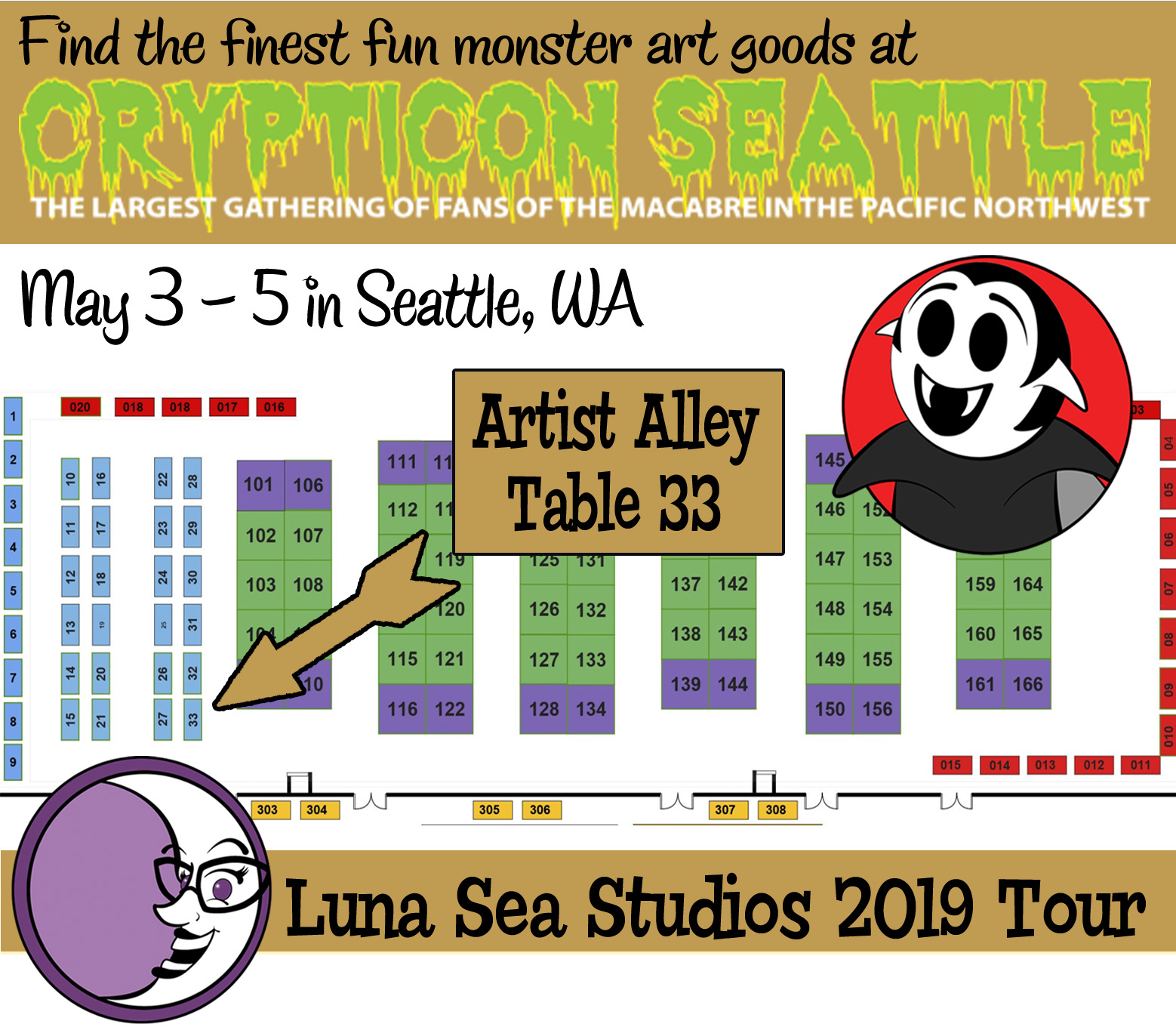 Crypticon Seattle 2019 exhibitor floor map with the Little Vampires booth highlighted