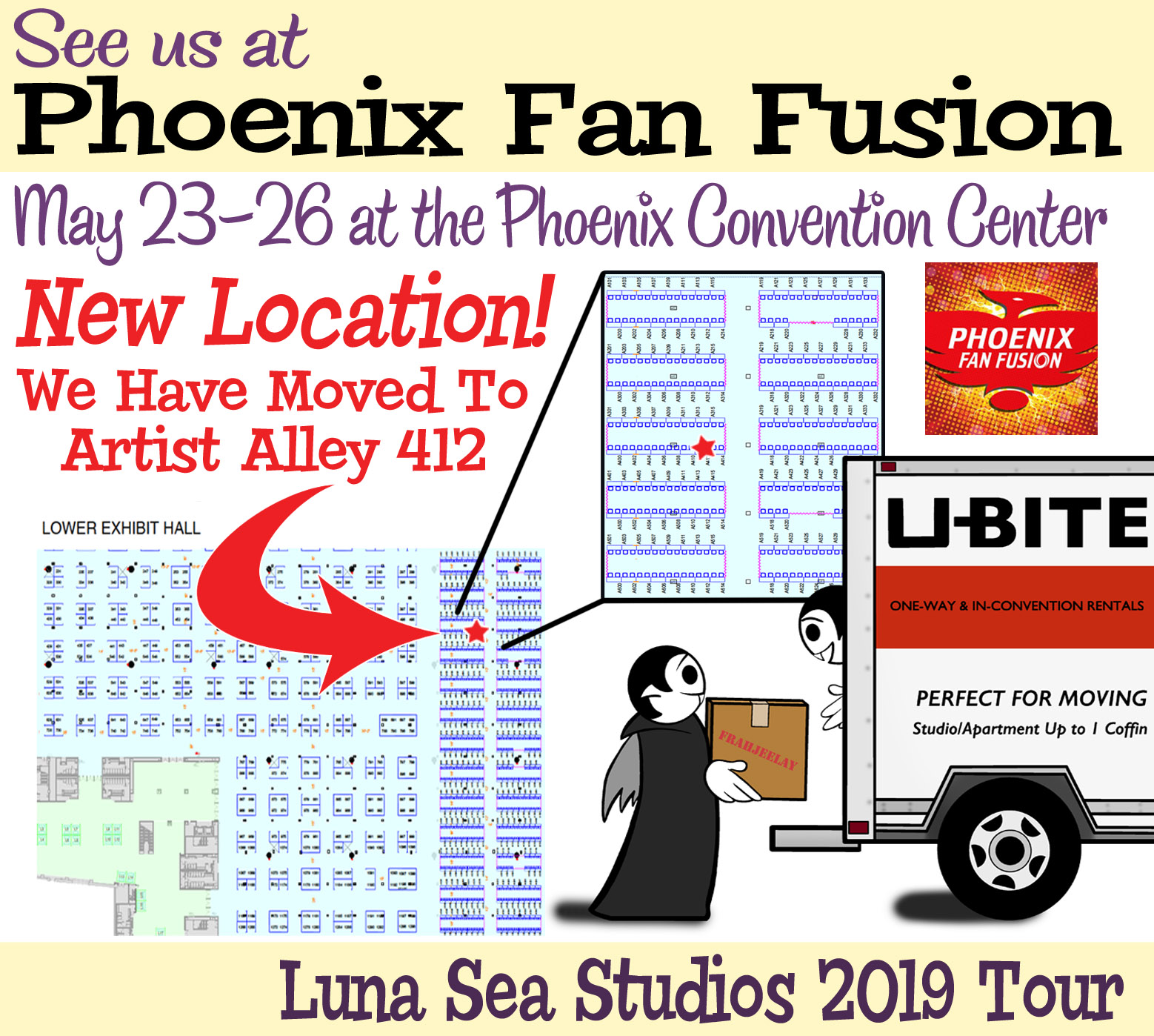 Phoenix Fan Fusion 2019 exhibitor floor map with the Little Vampires booth highlighted