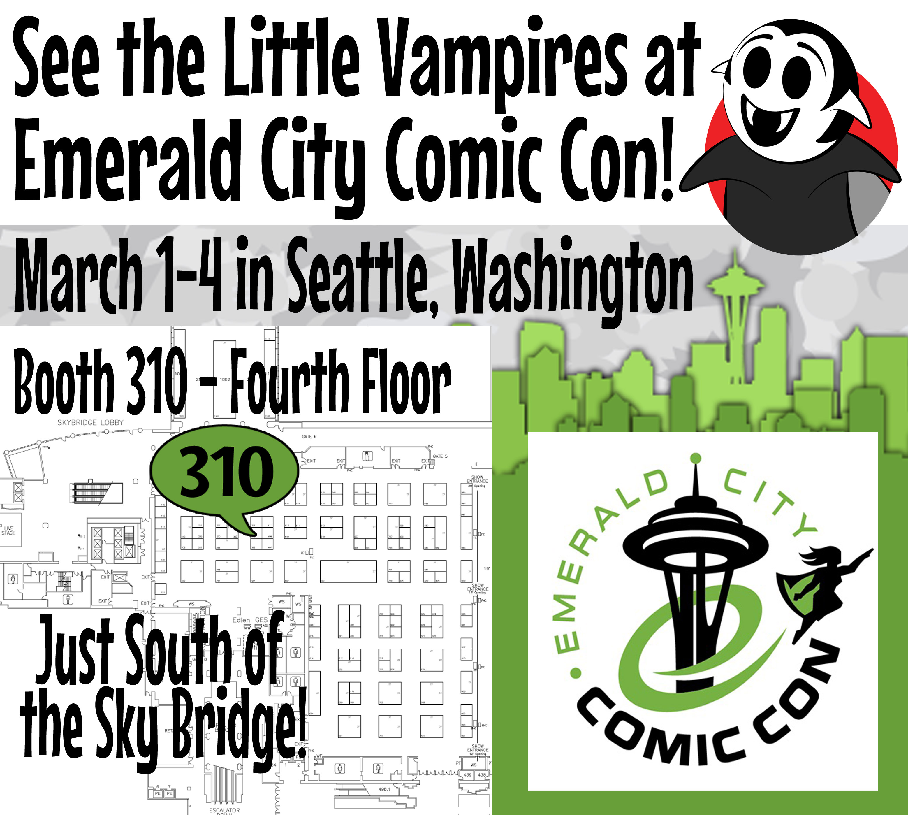 Emerald City Comic Con 2018 exhibitor floor map with the Little Vampires booth highlighted