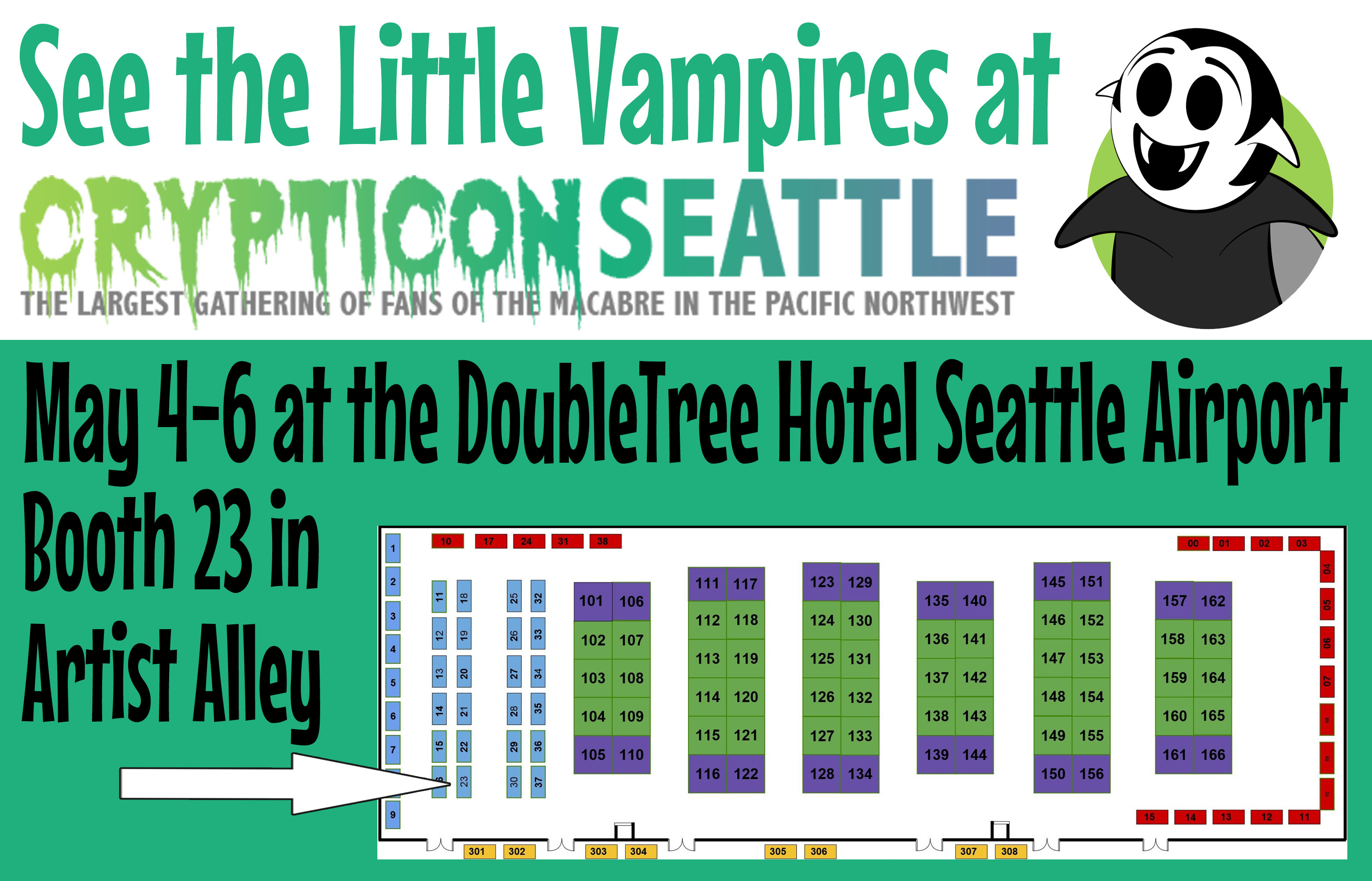 Crypticon Seattle 2018 exhibitor floor map with the Little Vampires booth highlighted