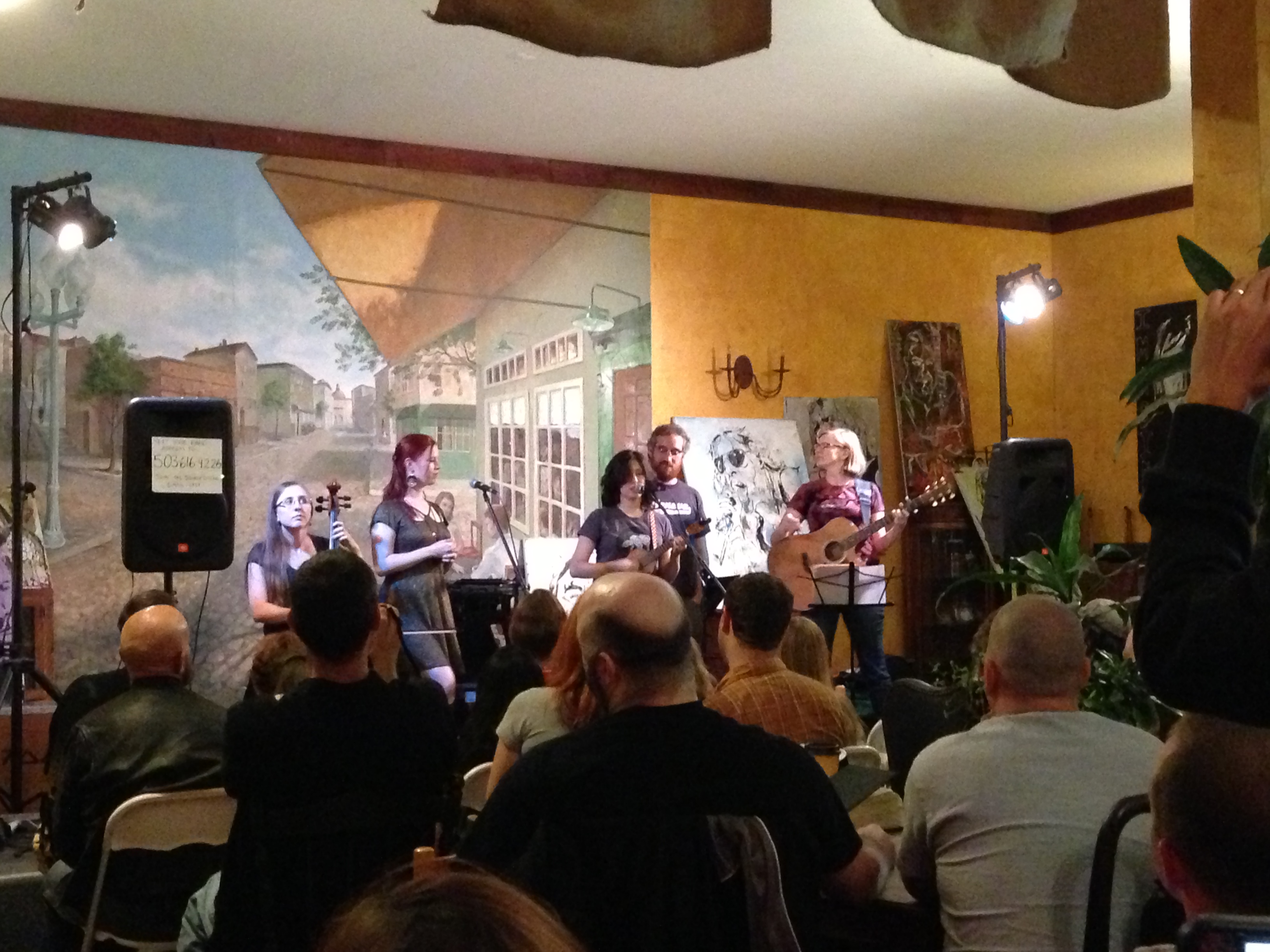 The Doubleclicks, Molly Lewis, Marian Call, and Scott Barkan performing at Rebecca’s Coffe House in San Diego, California, July 2013