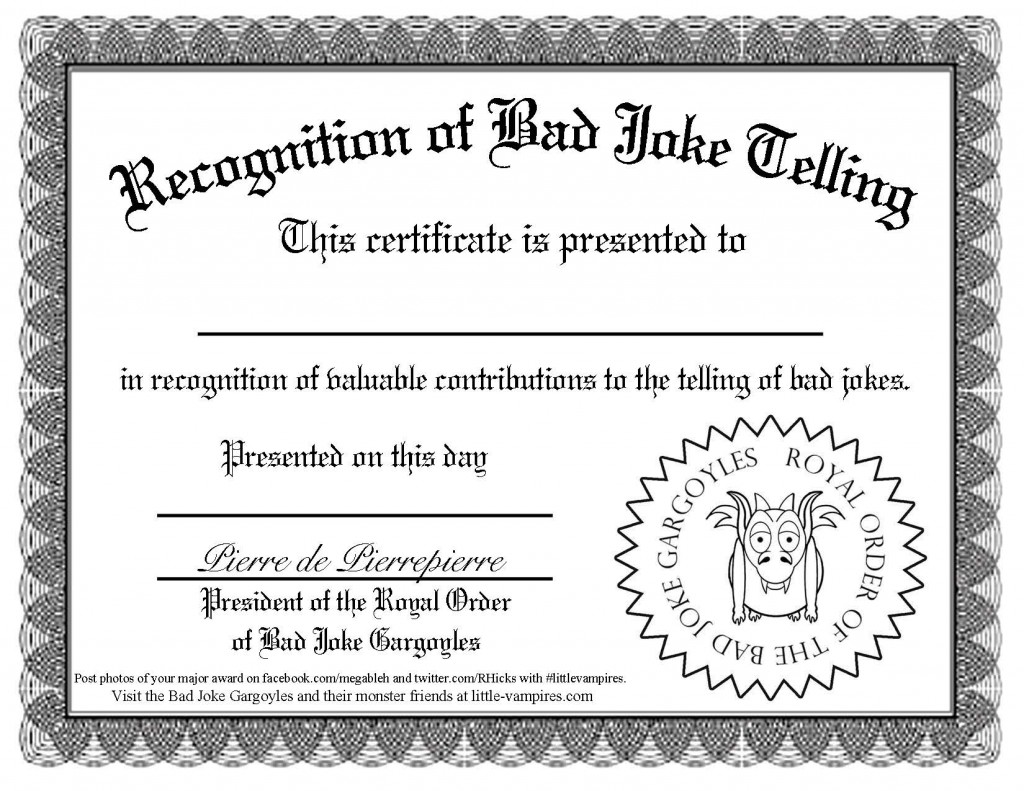 Recognition of Bad Joke Telling certificate