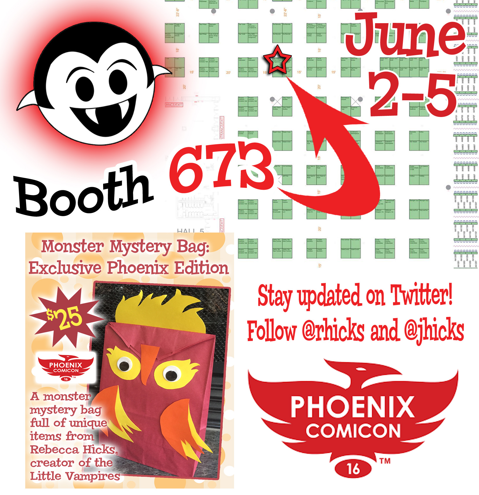 Phoenix Comicon 2016 exhibitor floor map with the Little Vampires booth highlighted