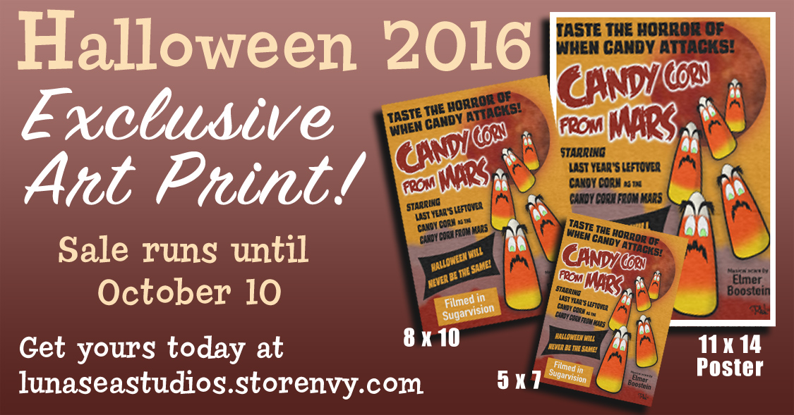 Promotional image featuring 2016 Halloween art print, “Candy Corn from Mars”