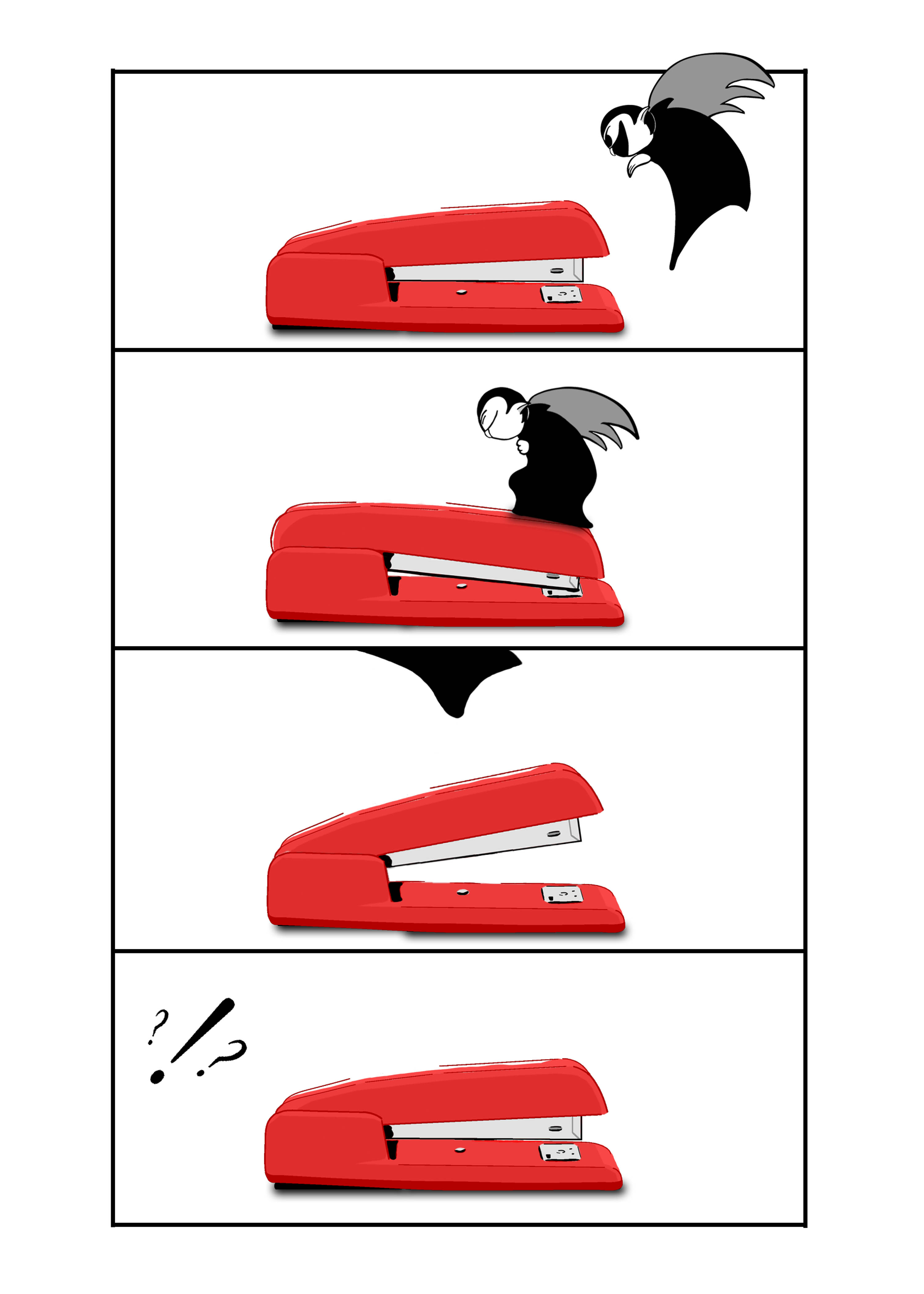 A Little Vampires pounces on a stapler and is rejected by the stapler arm’s spring action.