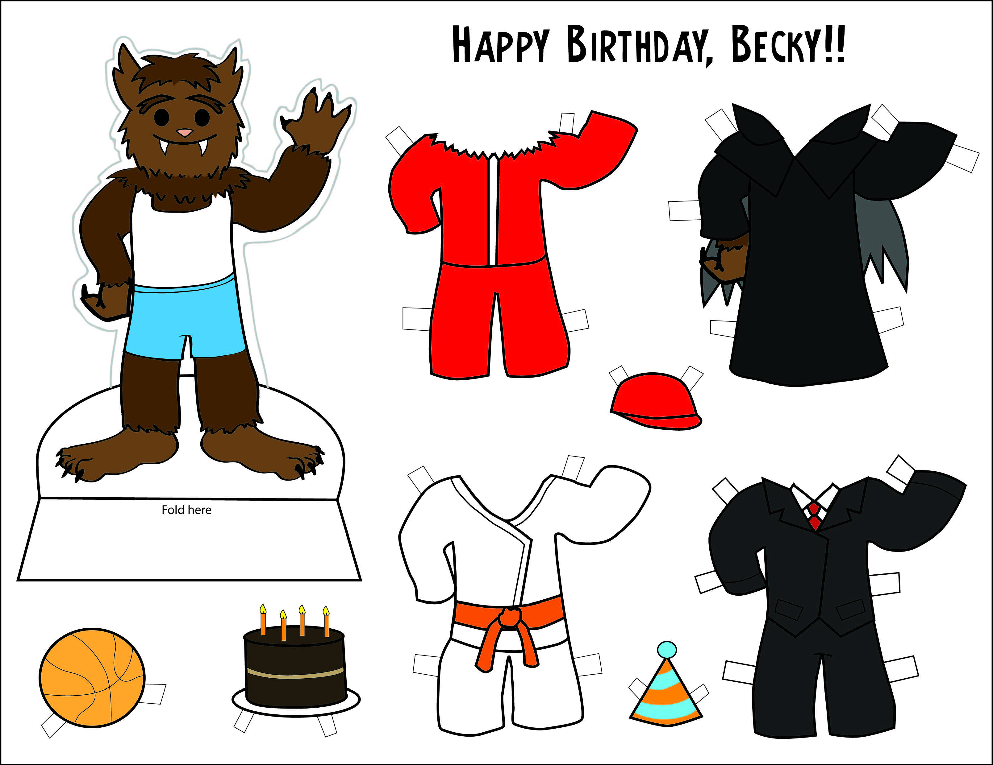 Art by Alina Pete consisting of a Wolfie paper doll and assorted fashions. The fashions include a red track suit, a Little Vampires robe with wings, a red baseball cap, a basketball, a birthday cake, a karate gi with a red belt, a party hat, and a business suit.