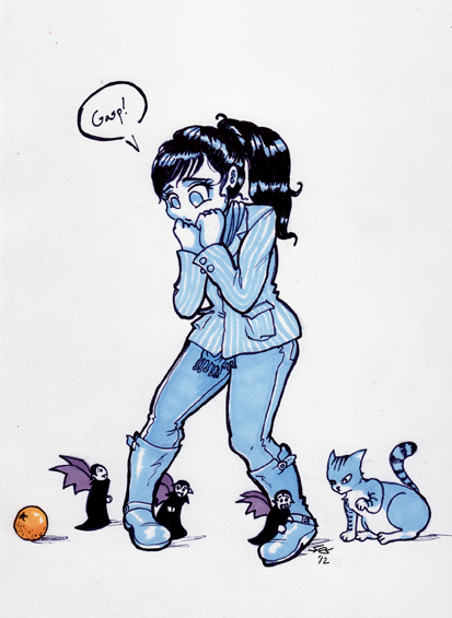 Little Vampires adorably and harmlessly “attack” a woman and her cat, while a blood orange sits to the side. Illustration by Sara René Kraft.