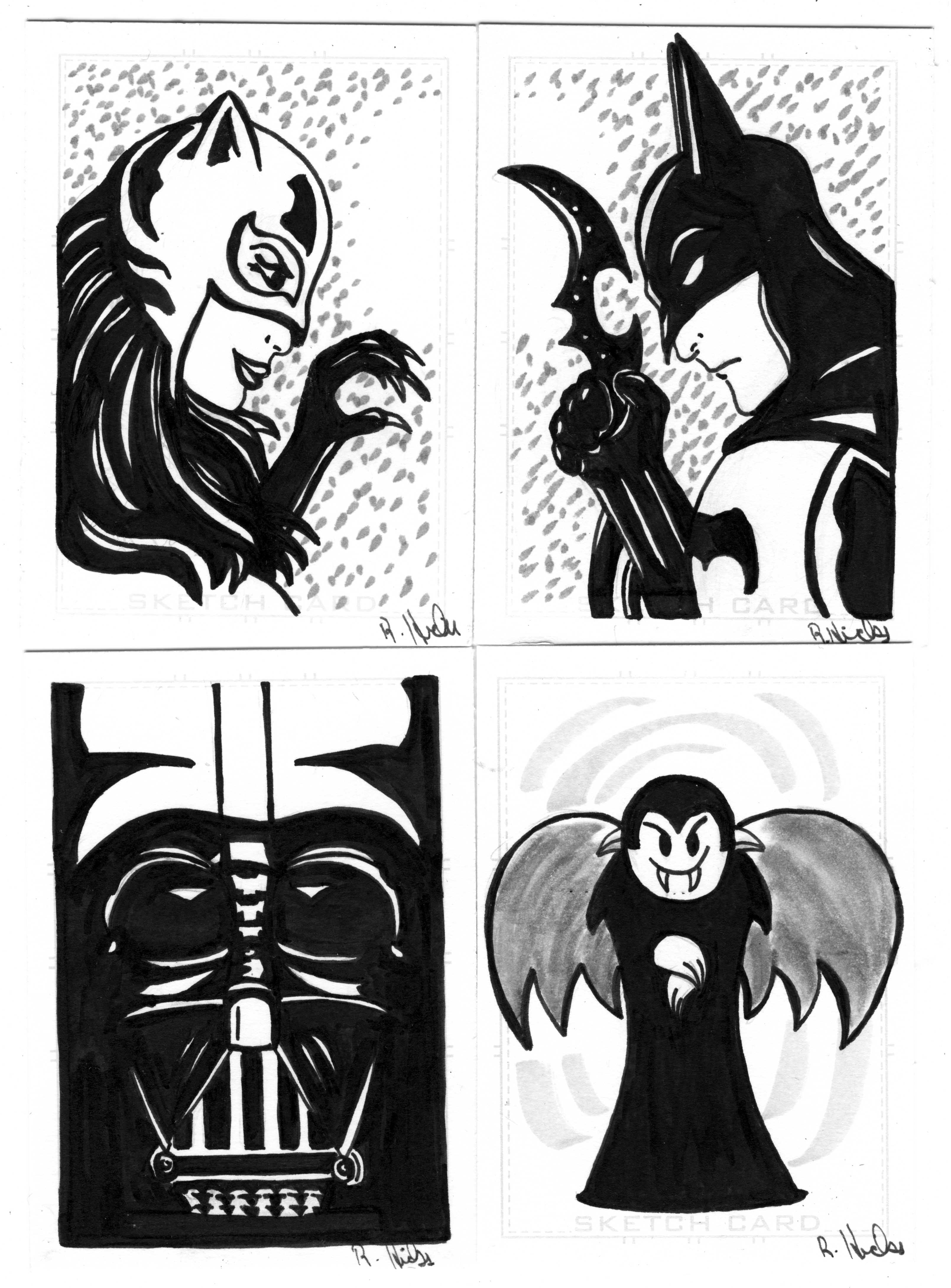 Four black and white sketch cards featuring, clockwise from top left, Catwoman, Batman, a Little Vampire, and Darth Vader. Art by Rebecca Hicks.