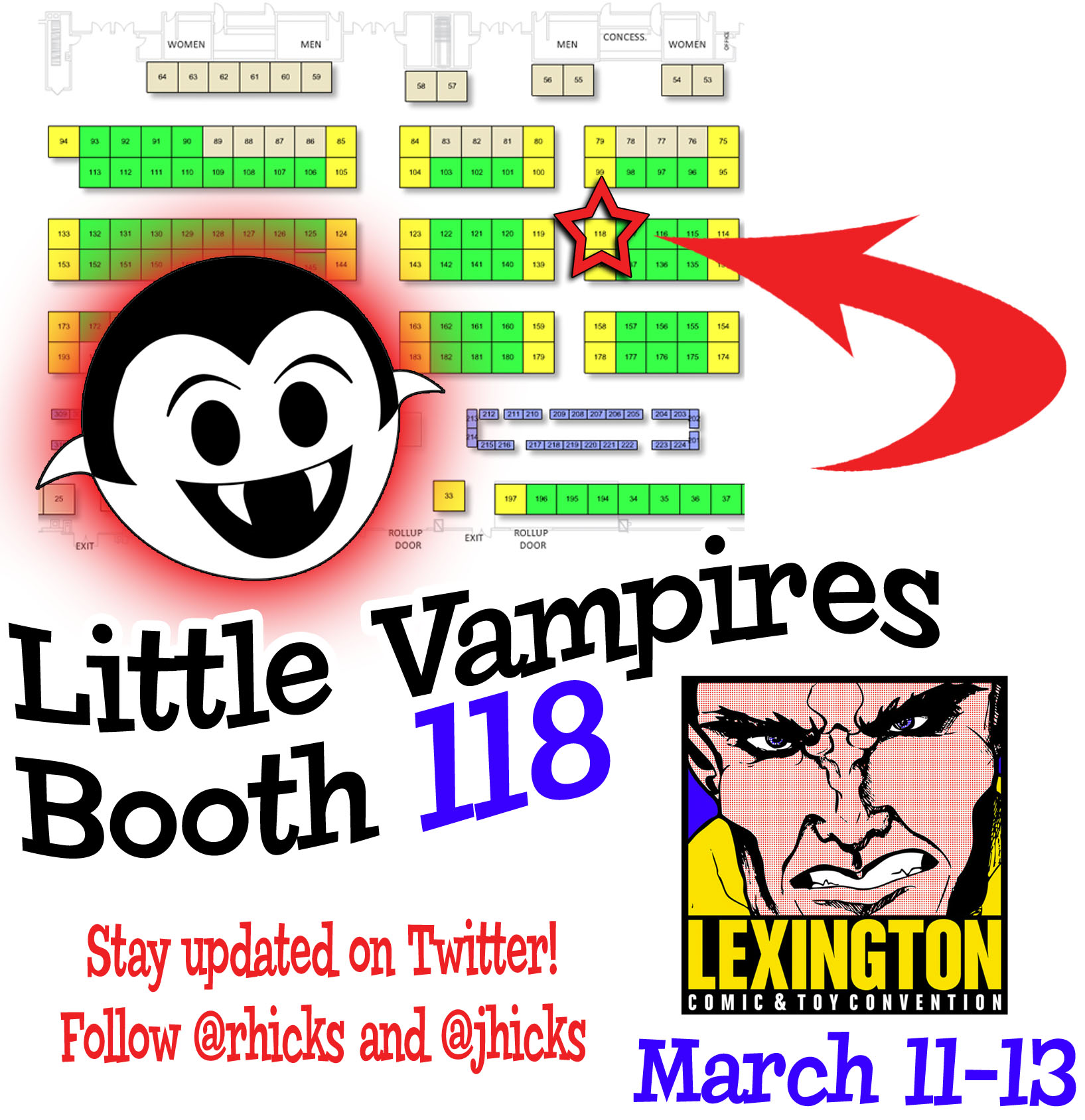 Lexington Comic and Toy Convention 2016 exhibitor floor map with the Little Vampires booth highlighted