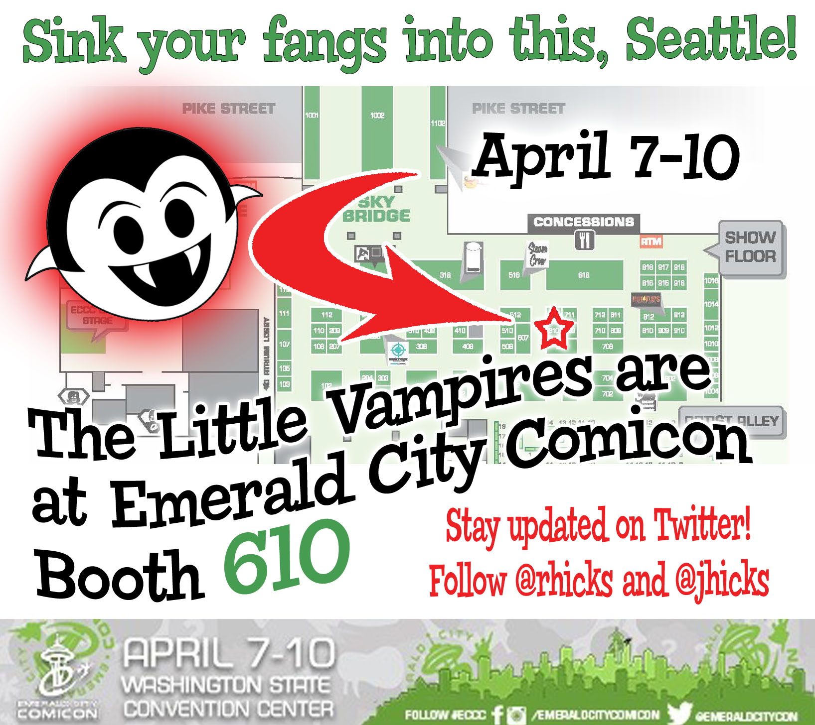 Emerald City Comicon 2016 exhibitor floor map with the Little Vampires booth highlighted