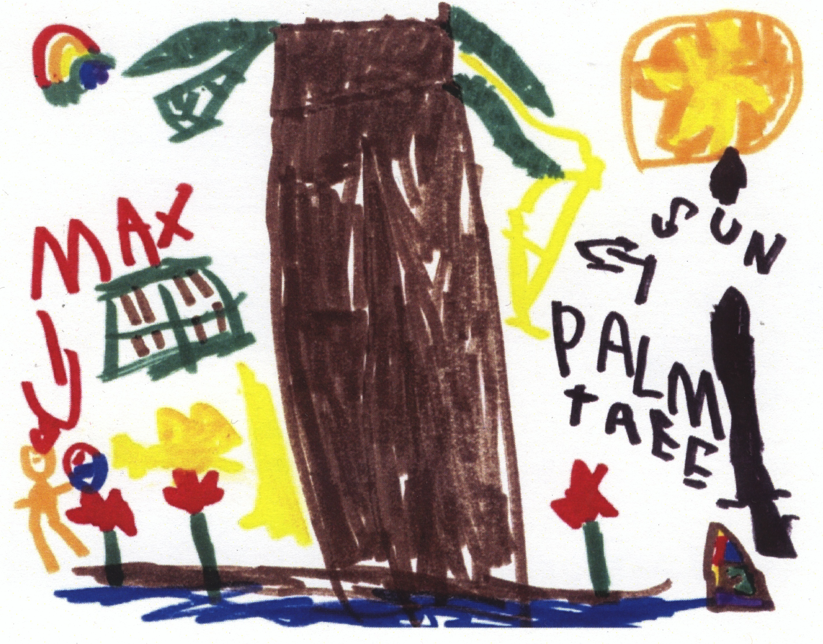 Max stands among some palm trees in the sun. Art by Max.