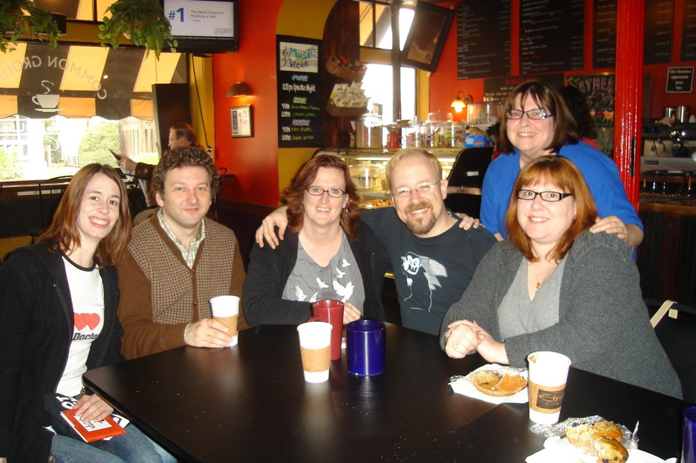 Photo depicting Rebecca Hicks in the midst of a Little Vampires fan gathering at Common Grounds coffee shop in Lexington, Kentucky